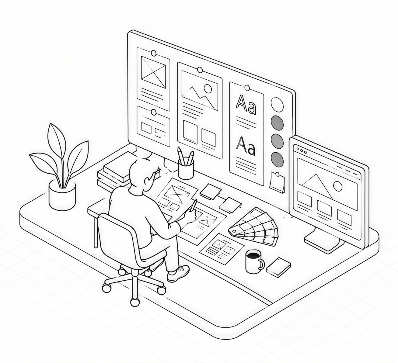 A designer sketching website layouts at a desk surrounded by page mockups, typography, and color swatches