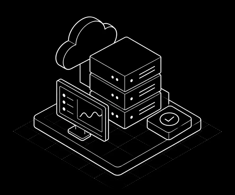 Managed hosting illustration: cloud servers with a monitoring screen