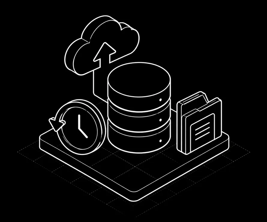 Regular backups illustration: a database with a cloud upload and a clock