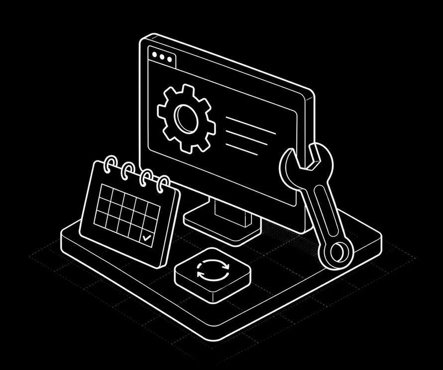 Ongoing maintenance illustration: a monitor with a settings gear, a wrench, and a calendar
