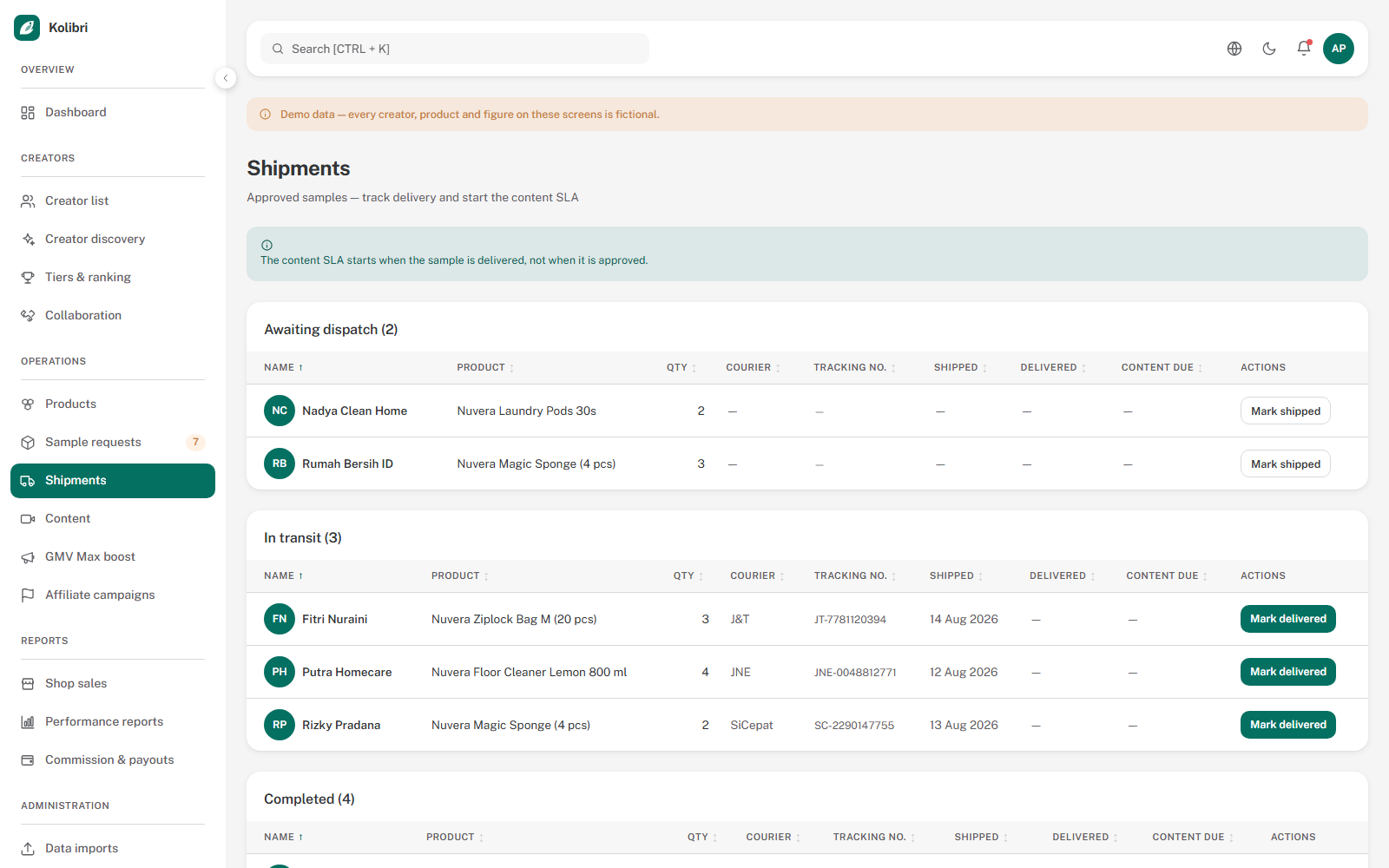 Kolibri sample shipment tracker grouped by status, listing courier and tracking number per parcel, shipped and delivered dates, and the content deadline counted from delivery.