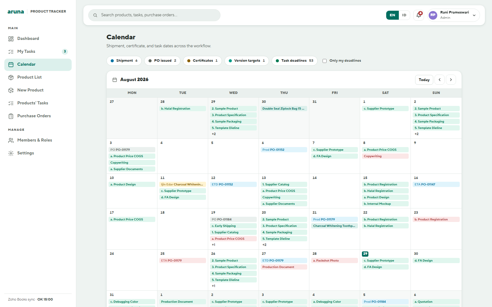 Month calendar grid with colour-coded entries for shipments, POs issued, certificate renewals, version targets and task deadlines, below a row of category filters and an Only my deadlines checkbox
