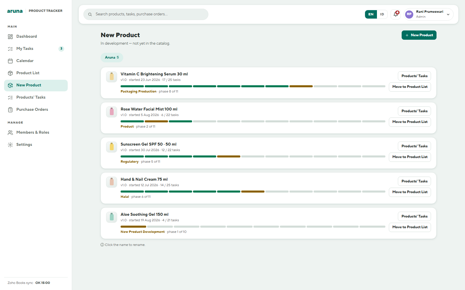 New Product screen listing in-development products, each with a start date, a tasks-done count, a segmented phase bar and the current stage named beneath it