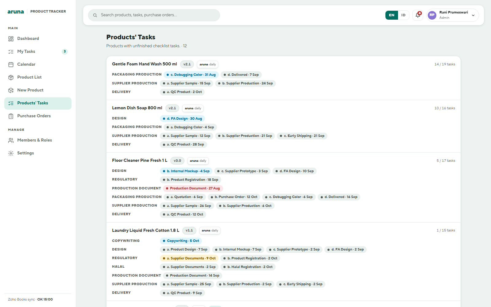 Products' Tasks queue listing each product version that still has open work, with its brand, version label and tasks-done count, and its open tasks grouped by checklist section with their deadlines