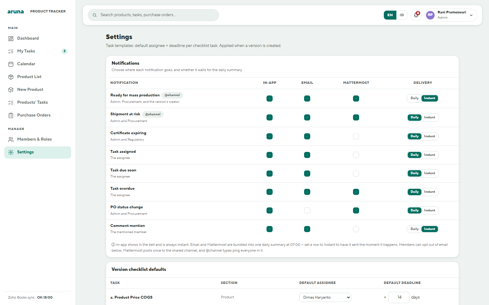 Notification settings matrix listing eight alert types with In-app, Email and Mattermost checkbox columns and a Daily or Instant delivery control on each row