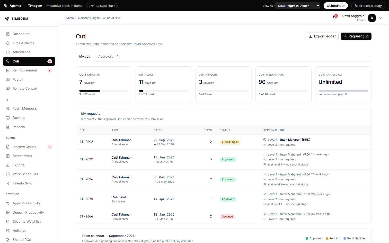 Timegem leave request showing balances and a two-level approval line