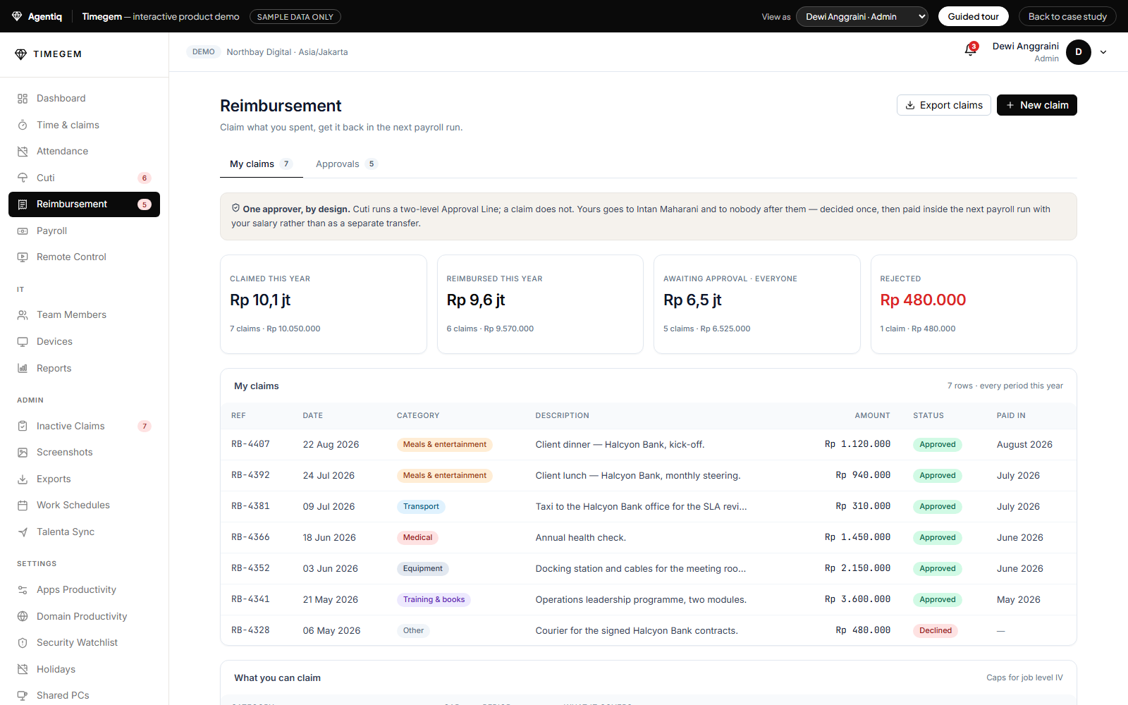 Timegem reimbursement claim with receipt, category cap and approver decision