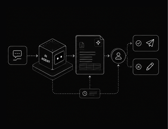 Diagram of an AI agent drafting a document from a message and holding it until a person approves or edits it before it is sent
