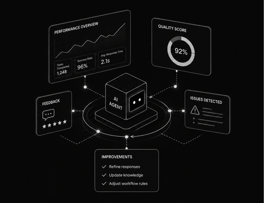 Diagram of an AI agent's performance dashboard with a quality score, success rate, response time, customer feedback, detected issues and a list of improvements