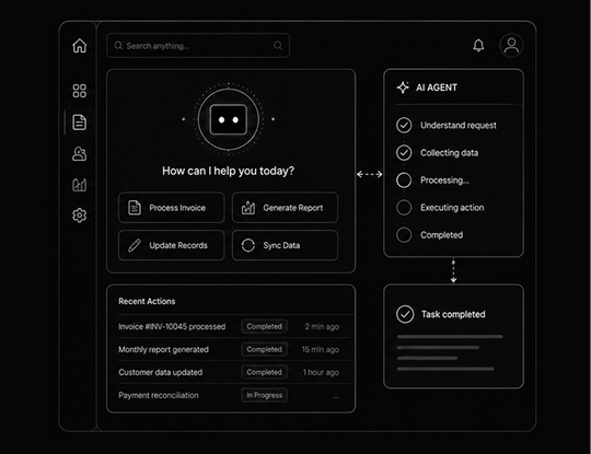 Diagram of an AI agent panel inside an app taking a request such as processing an invoice and showing each step through to task completed