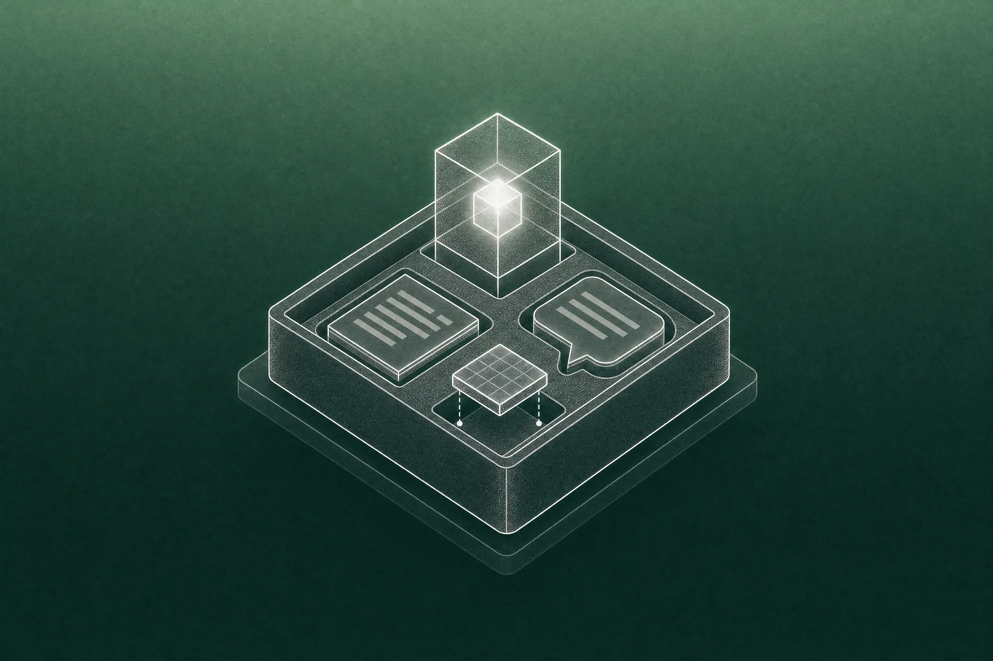 A white line-art open case whose foam insert is cut to fit each item exactly, holding a glowing glass AI cube, a document and a chat bubble while a small grid tile drops into its own slot, evoking software built around the way a business really works.