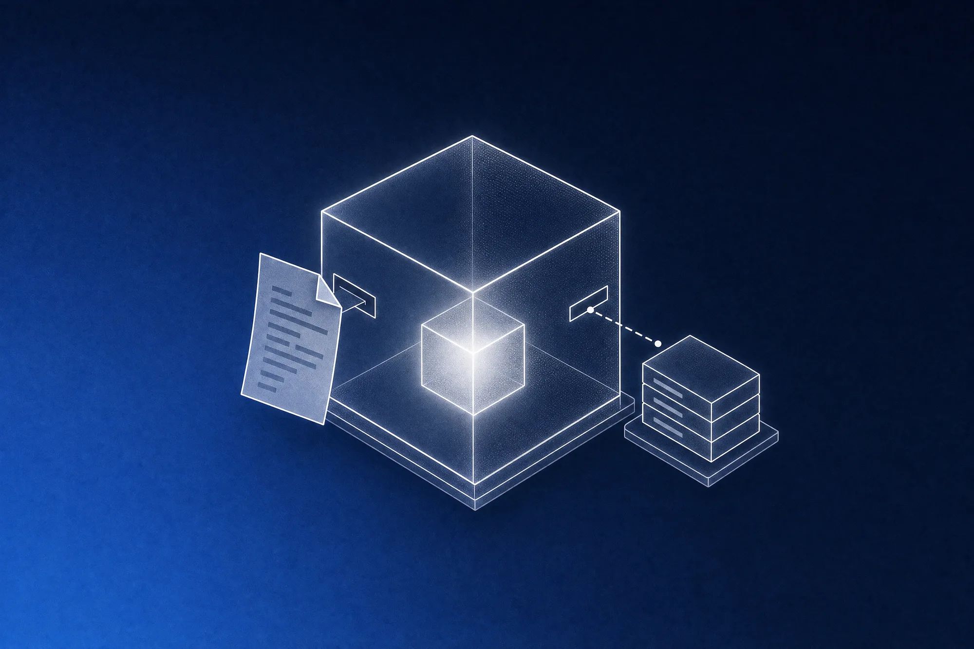 A white line-art glass cube with a glowing core takes in a crooked, dog-eared purchase order through a slot on one side and sends out a neat stack of aligned rows on the other, evoking AI that turns messy customer POs into a clean order in minutes.