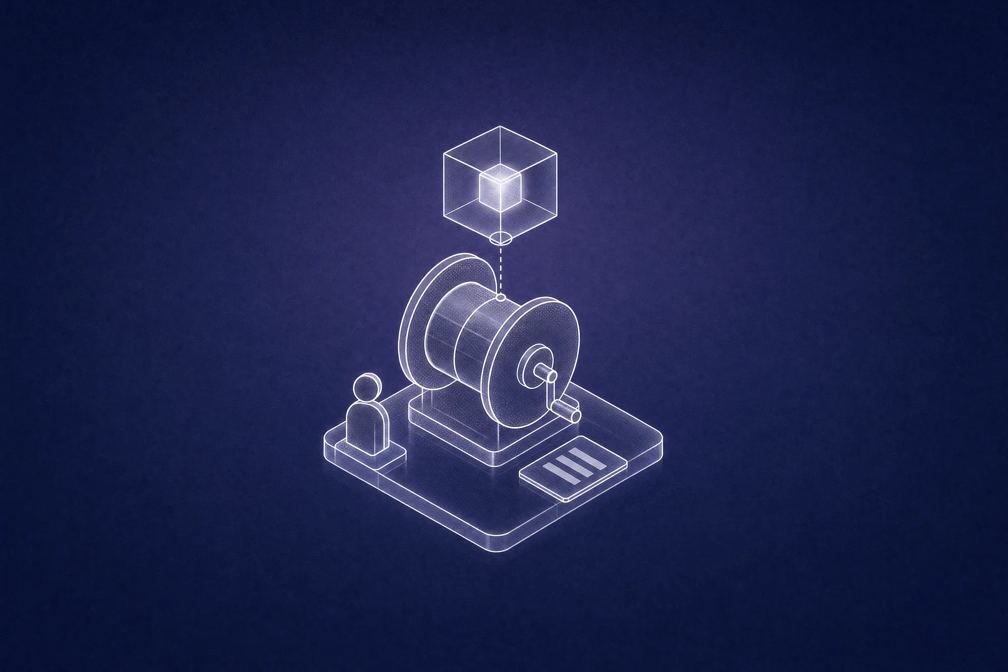 A white line-art cable reel holds a glowing glass cube aloft on a short taut line, with a small figure beside the crank and a task sheet at its base, evoking an AI agent that works on its own but only as far as the limits its people set.