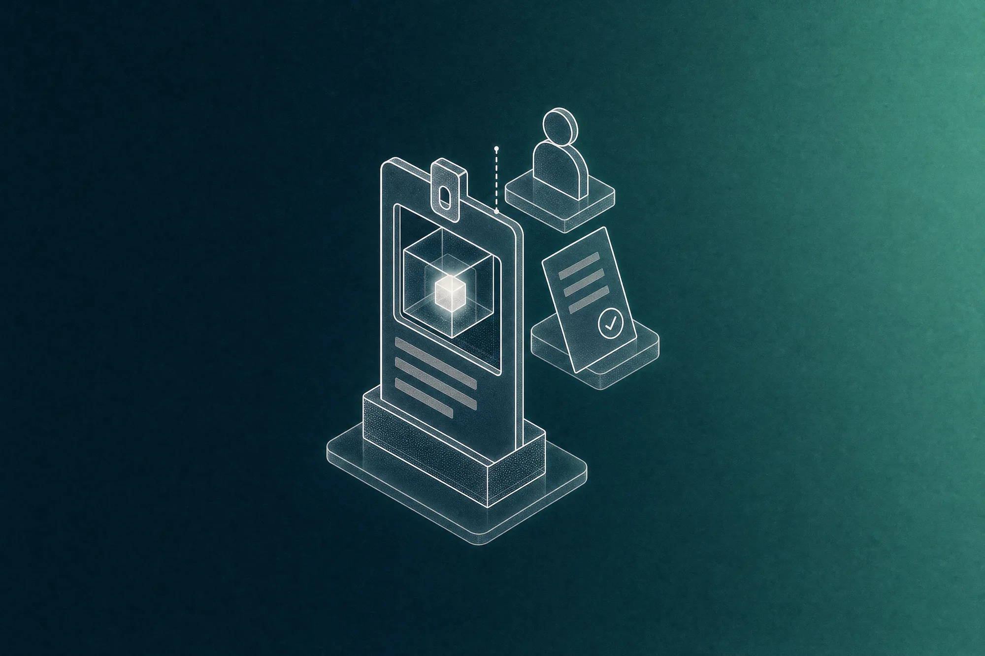 White line-art of an employee ID badge on a desk stand whose photo window holds a glowing glass cube, joined by a dashed reporting line to a small faceless figure above it with a checked report, evoking an AI agent as a digital employee that still reports to you.