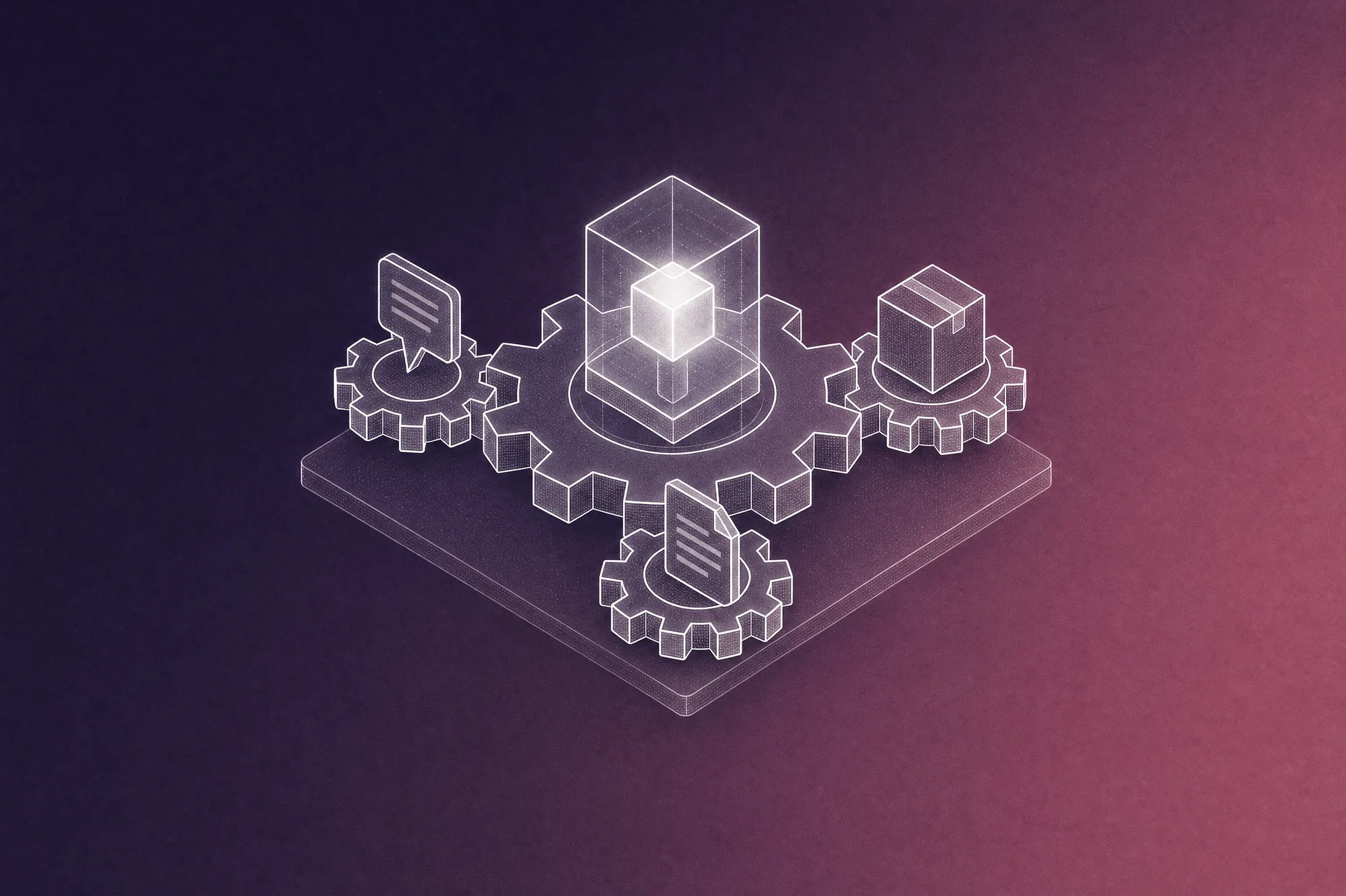 White isometric line-art gears interlock on a translucent slab, with a glowing glass AI cube on the central drive gear and a chat bubble, a parcel and a document riding on the three gears it turns, suggesting AI wired into how the business runs rather than spinning on its own.