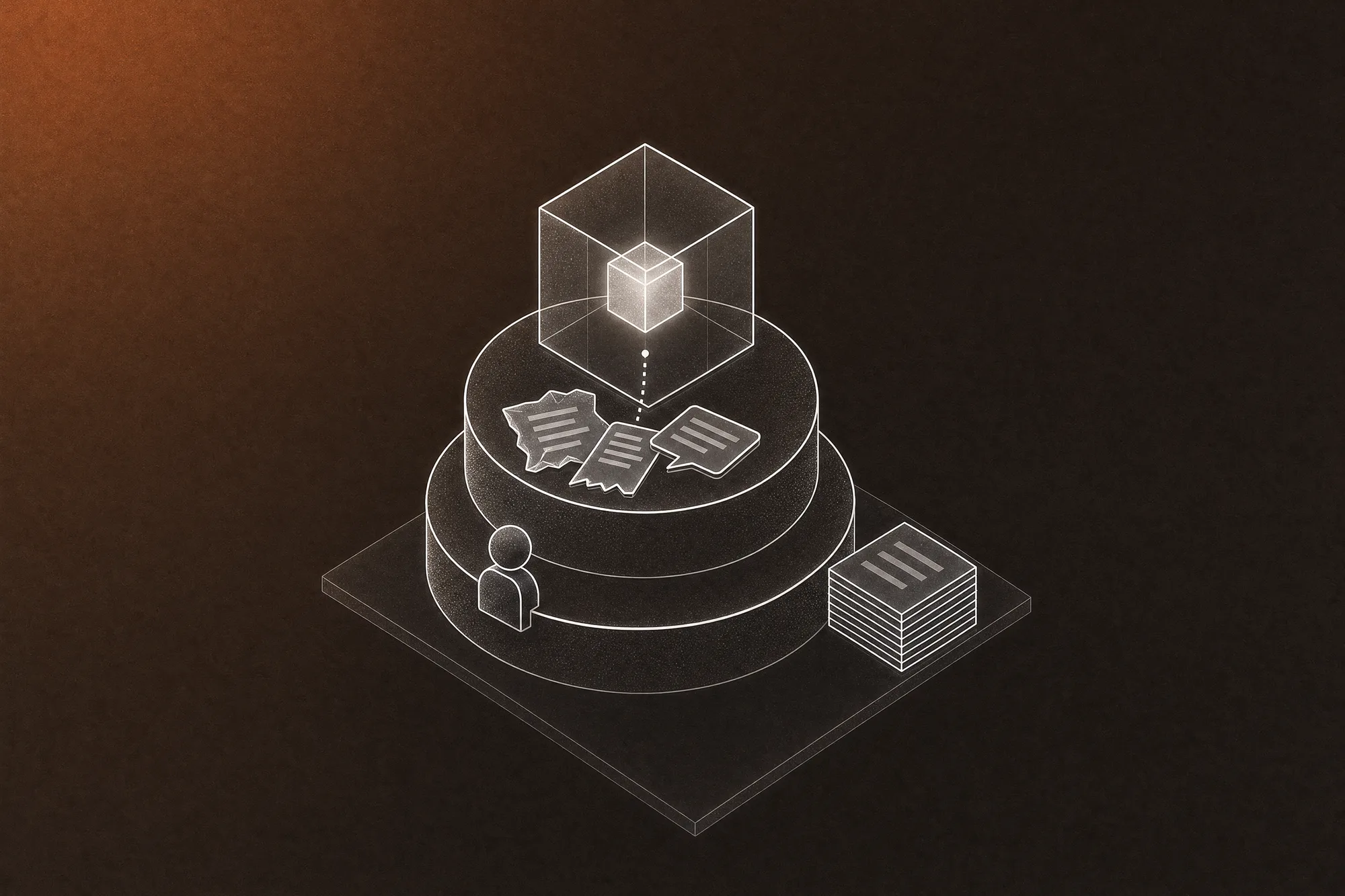 A white line-art demo podium holds a glowing glass AI cube working on an untidy pile of crumpled papers, a torn receipt and a chat bubble, while a neat stack of identical demo cards sits pushed off to the side and a small figure looks on, evoking a system tested on your own messy data rather than a vendor's tidy demo.