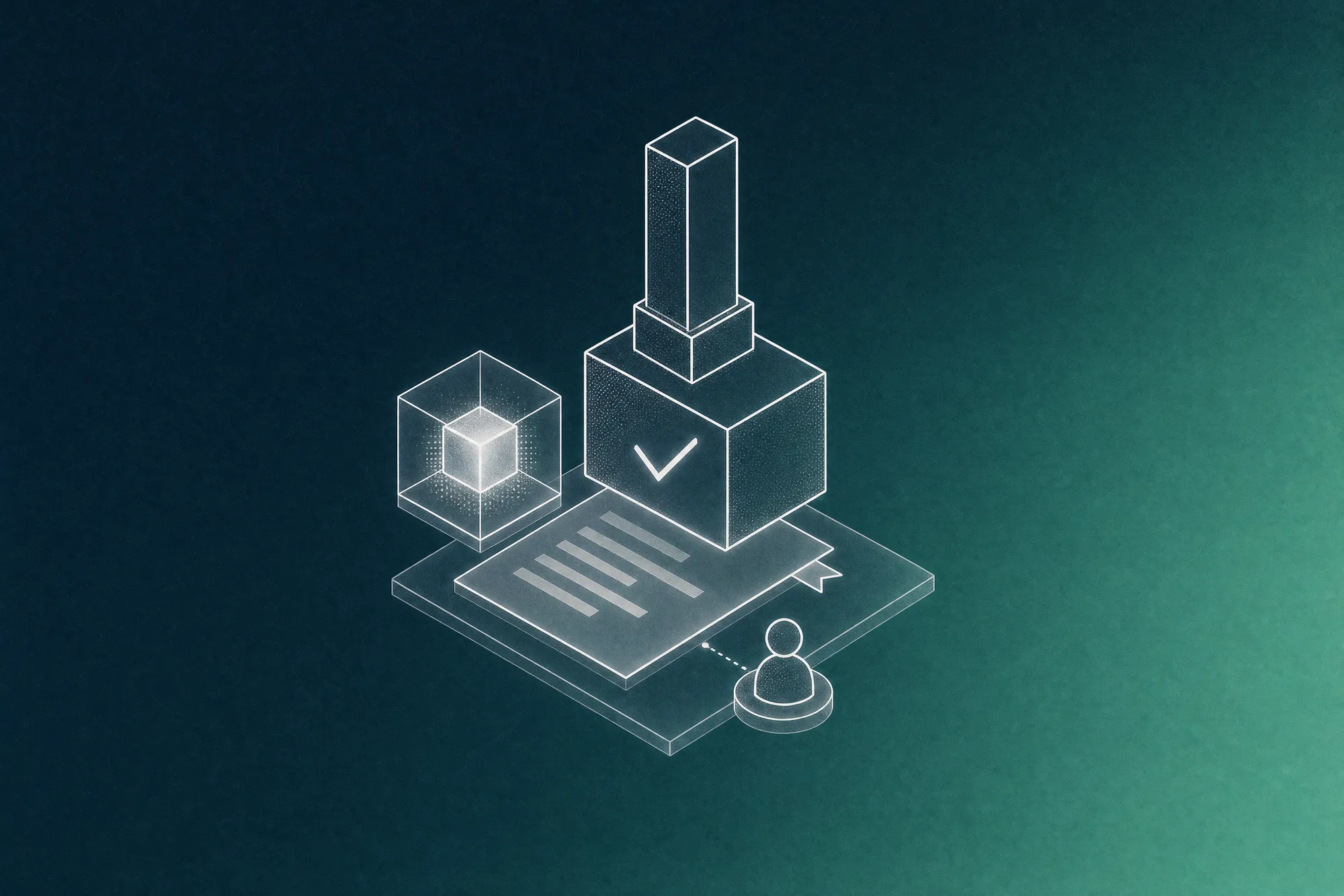 An approval stamp hovers over a flagged document prepared by a glowing AI cube, while a small person icon stands beside it ready to make the call, evoking automation that prepares the work while a person keeps the final decision.