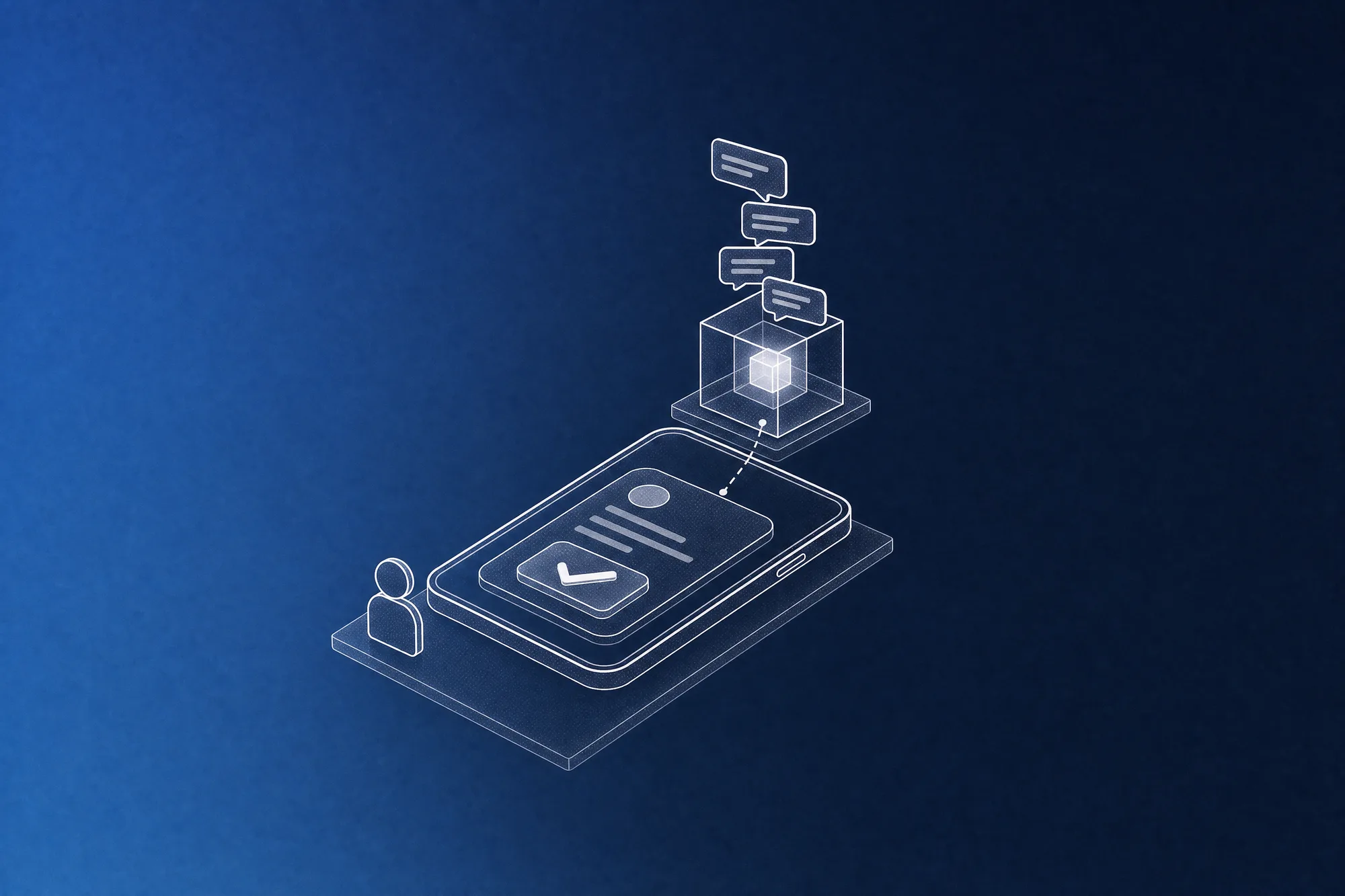 A smartphone lying flat shows a single card with an approval checkmark and a small figure standing beside it, while chat bubbles tumble into a glowing glass cube behind, evoking a workday where the system handles the routine and people step in only to approve.
