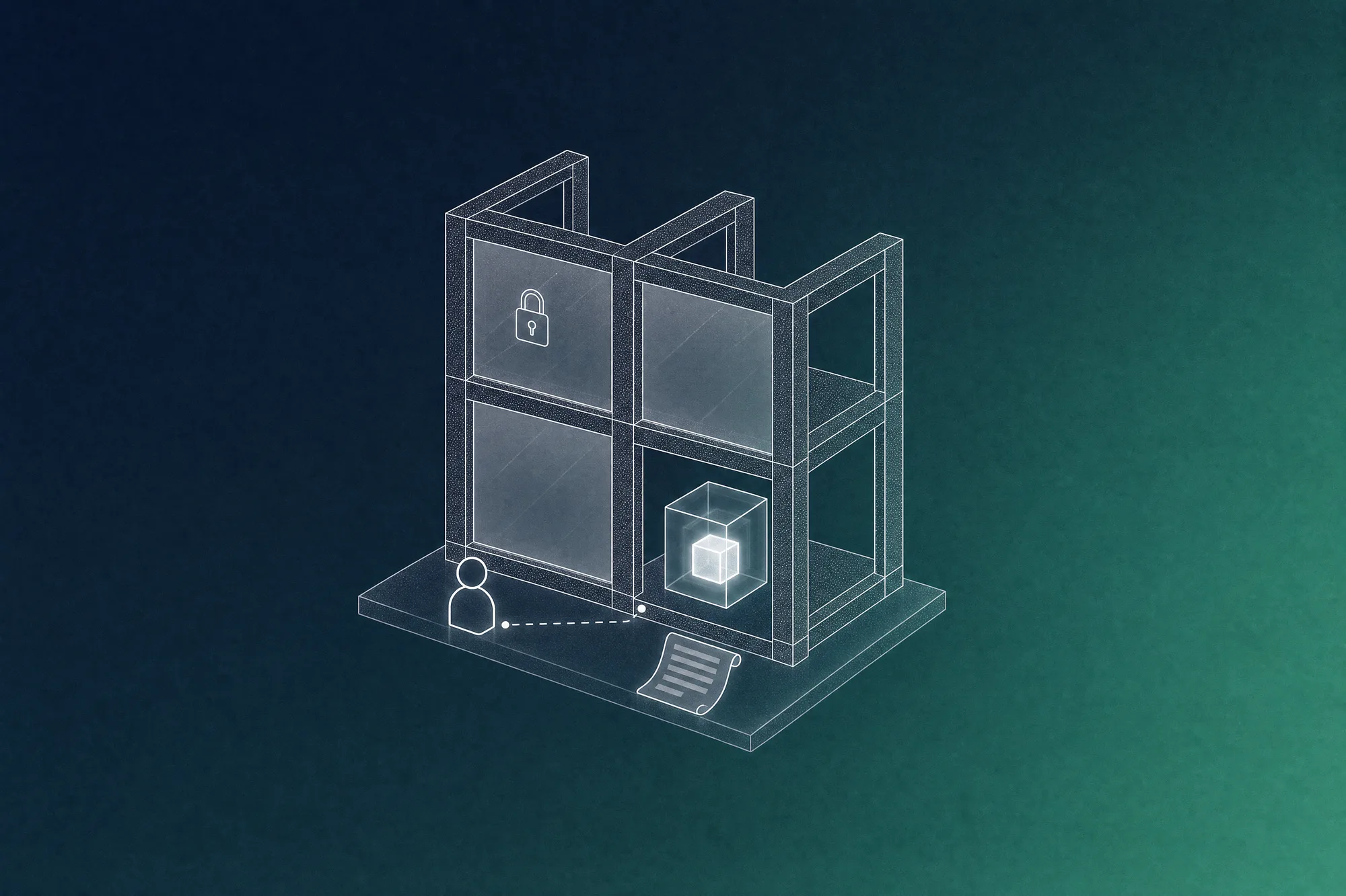 A white line-art isometric building frame with one padlocked room and one open bay holding a glowing AI cube, a document waiting on the slab in front and a small person linked to the bay by a dotted line, evoking AI working freely inside rules the business has set.