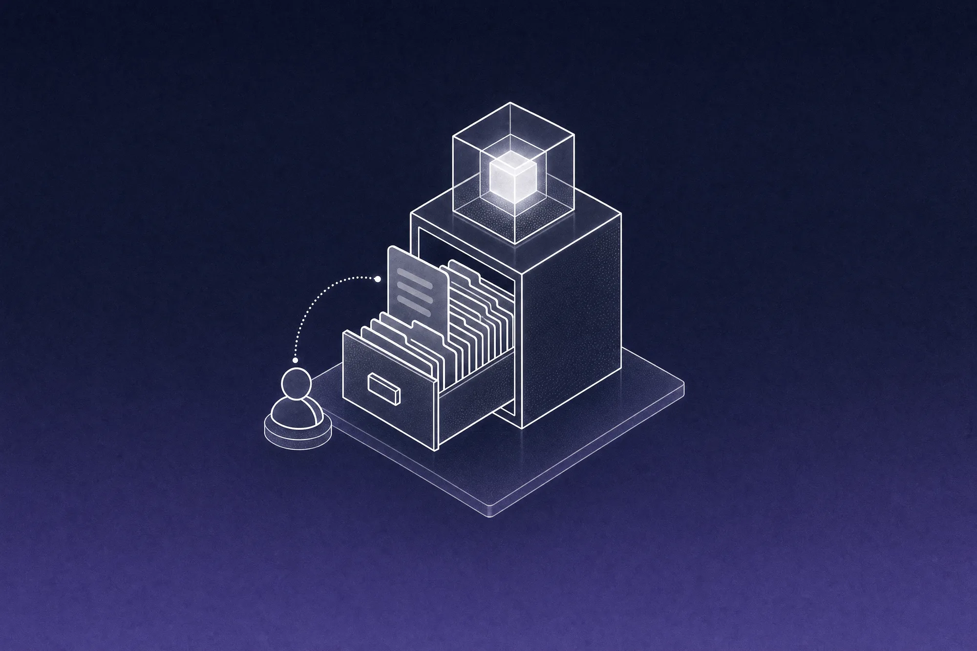 A card-index cabinet with its drawer open and one rule card lifted out, a glowing AI cube resting on top and a small person icon linked to that card by a dotted line, evoking AI that works from a company's own written-down rules rather than from a stronger model alone.
