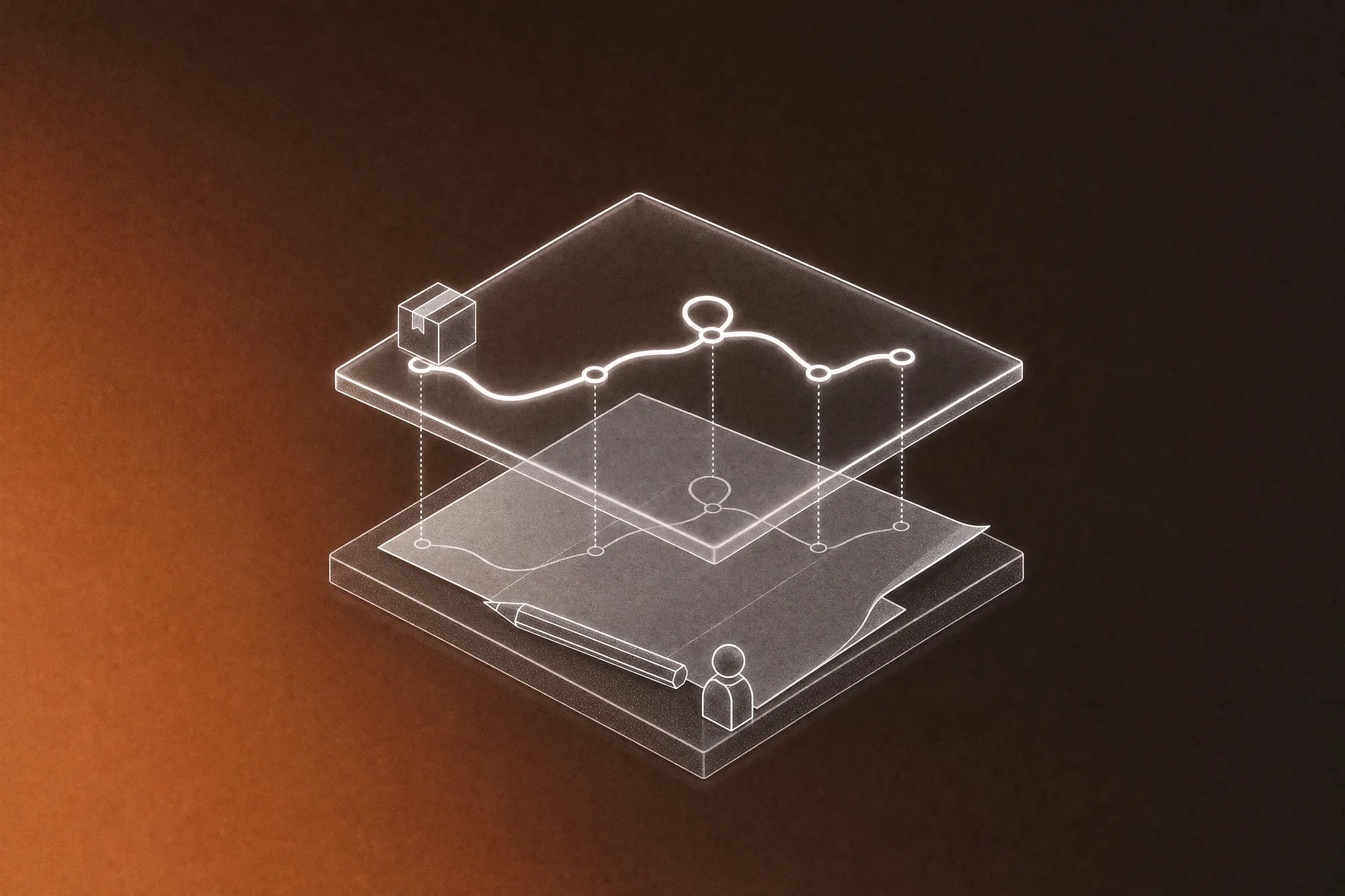 A hand-drawn process route on a folded paper sheet, with a clear glass app layer hovering above it that traces every bend and detour, suggesting software built to follow how a team really works.