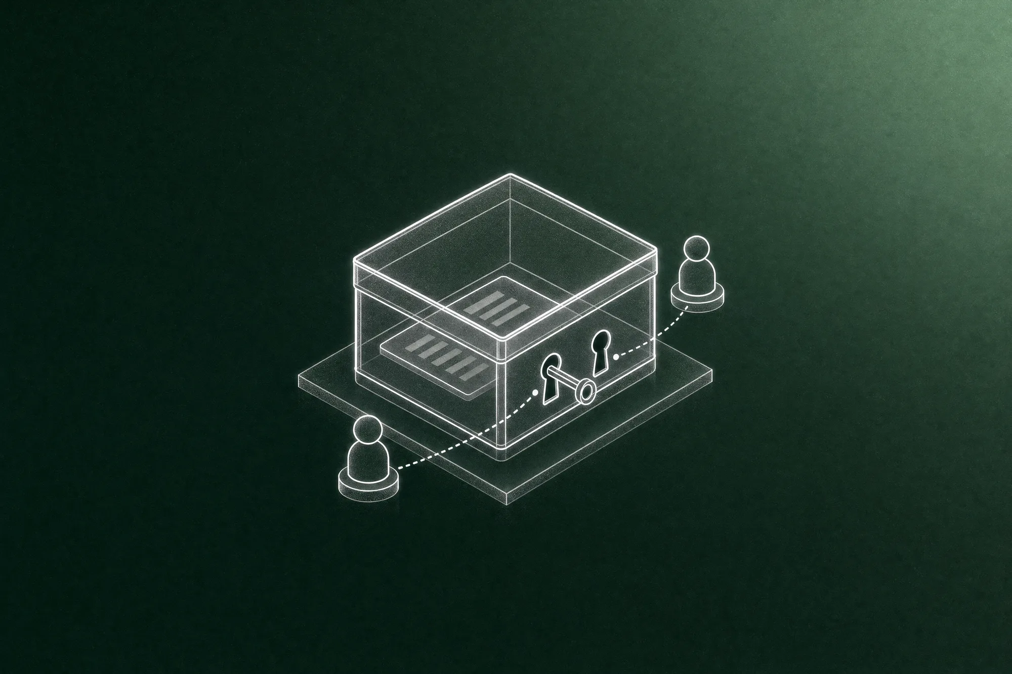 A clear glass strongbox holds a document behind two separate keyholes, one already keyed by a requester and one still waiting for an approver, evoking a workflow where the system releases work only after the right person decides.