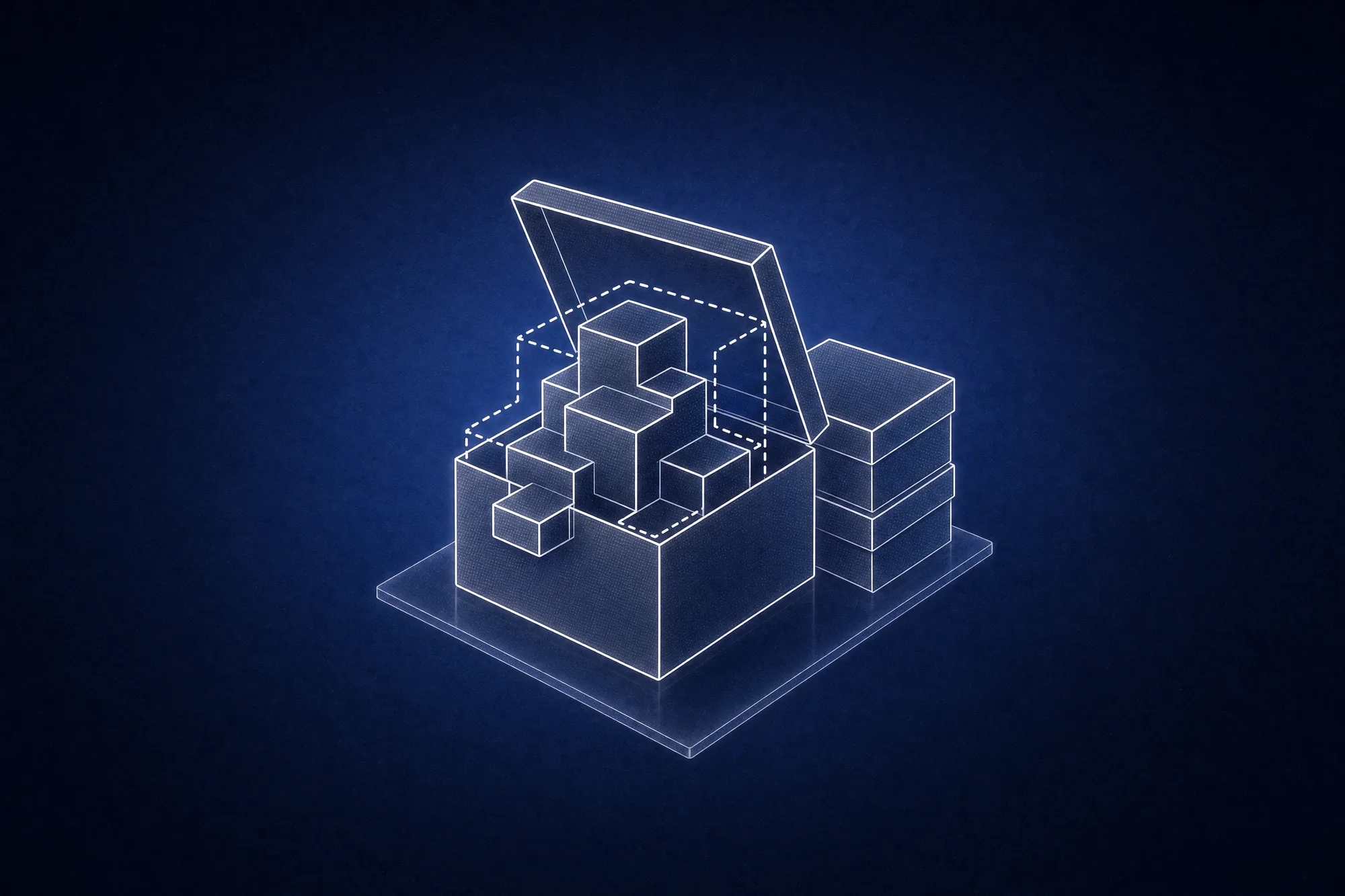 A standard off-the-shelf box stands open with an irregular stepped stack of blocks too big for it rising above the rim and poking out over the front edge, a dashed outline hinting at the custom shape it needs and two identical boxes stacked beside it, evoking a business that has outgrown generic software and needs an app shaped to how it already works.