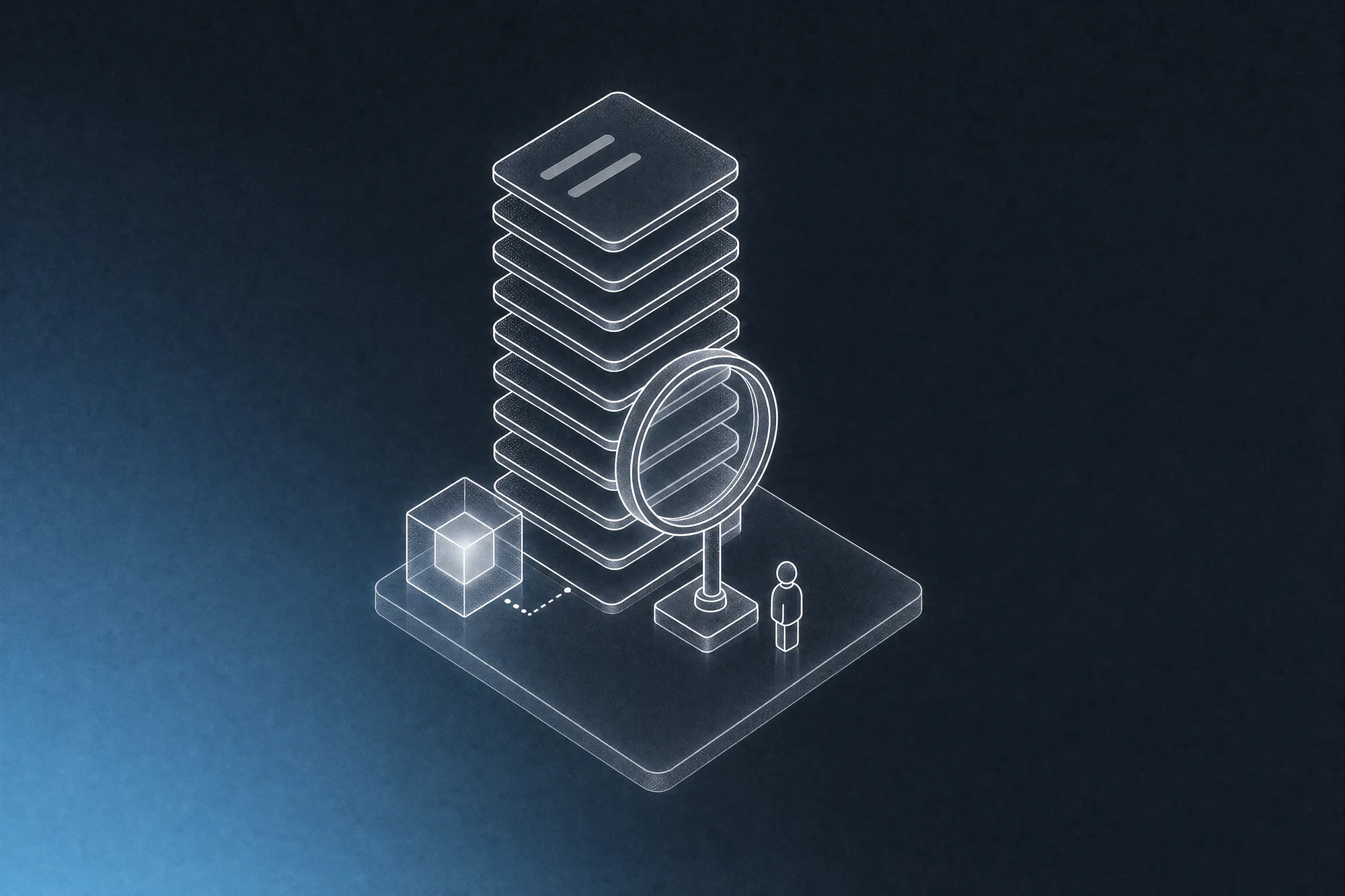 A tall pile of app screens produced by a glowing AI cube is checked through a large magnifying lens on a stand, with a small person icon beside the lens as the reviewer, evoking apps that are now quick to build but still have to be proven secure and fit for the business.