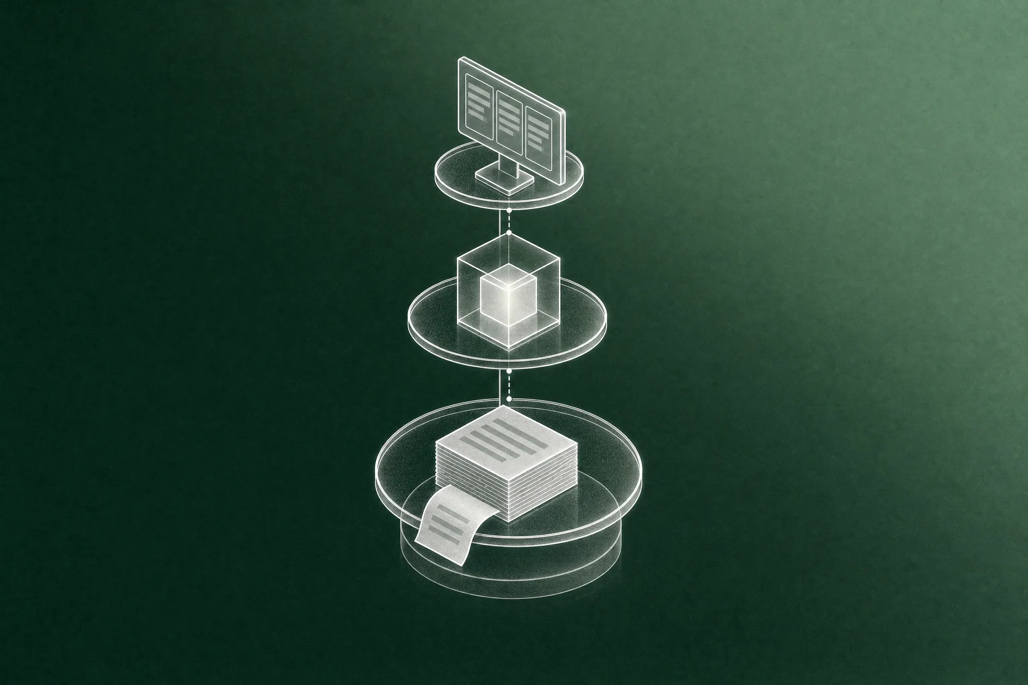 A three-tier serving stand with a neat stack of data cards and a till receipt on the bottom tier, a glowing AI cube on the middle tier and a small kitchen display screen on the top tier, evoking restaurant automation switched on in order, from clean POS data up to the kitchen screen.