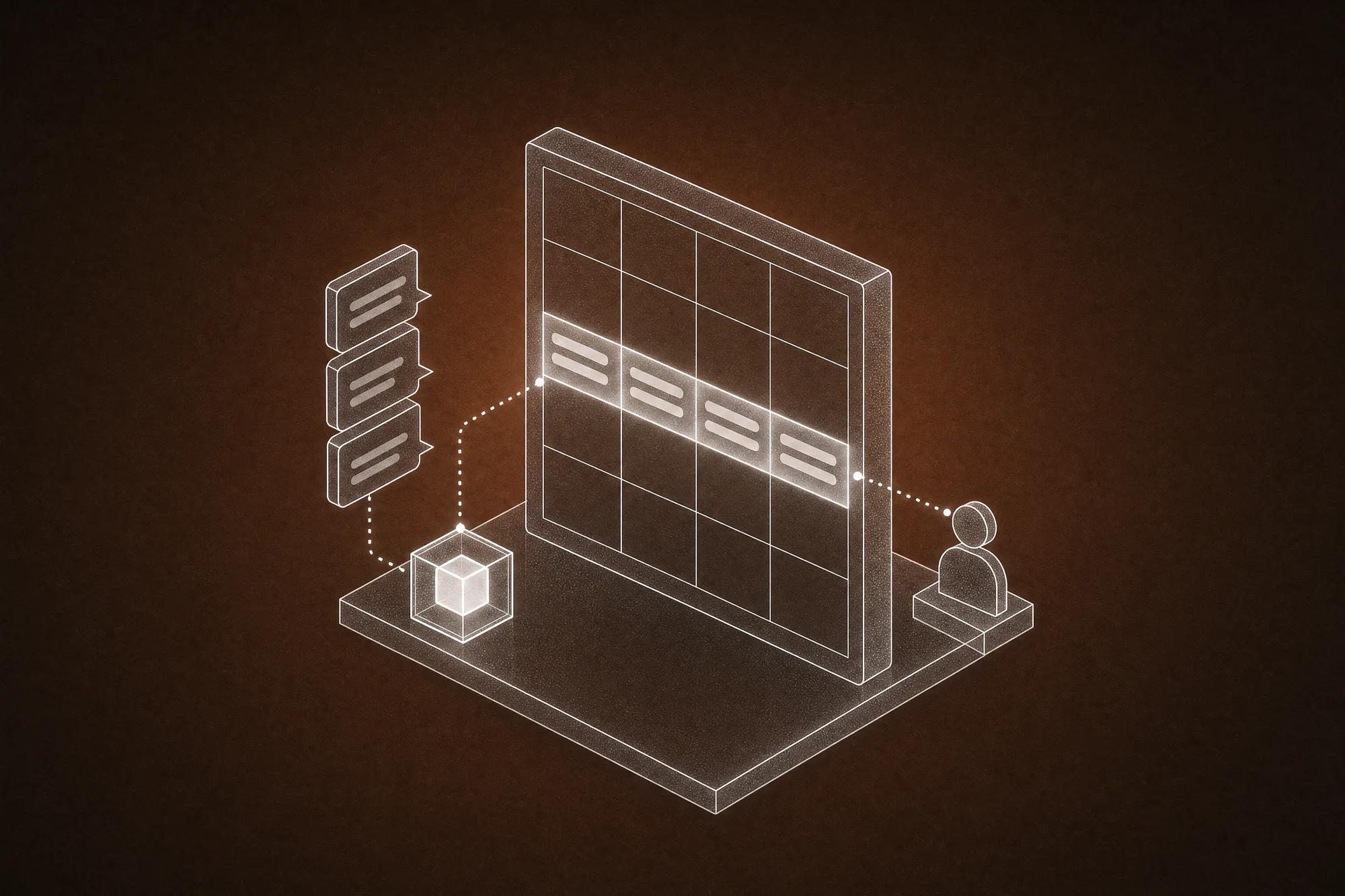 A white line-art spreadsheet panel with one highlighted row, fed from a stack of chat bubbles through a small glass AI cube, while a faceless figure beside it approves that row, evoking AI handling one repetitive office task at a time while a person still signs off.