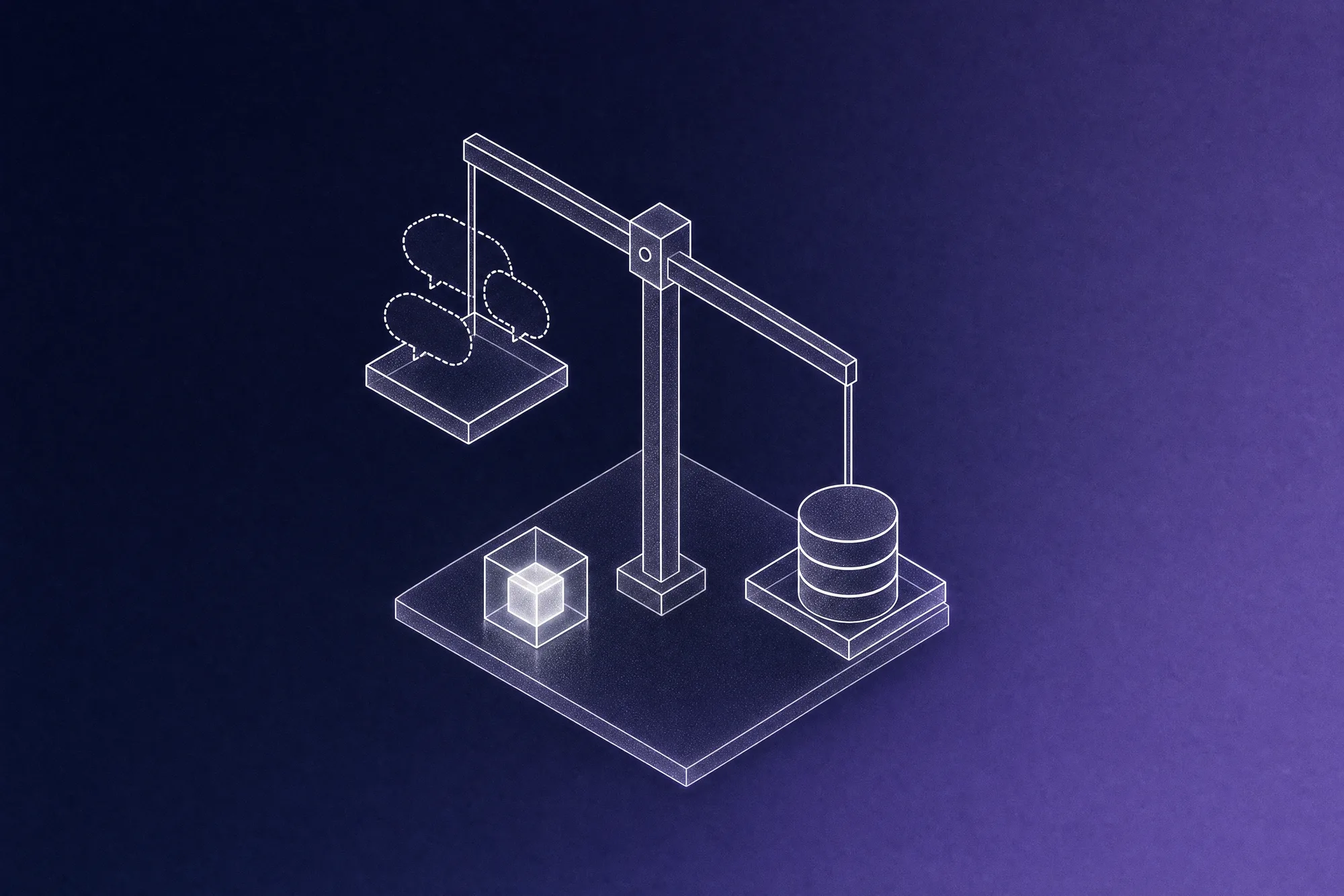 A simple beam balance tipped by a solid database cylinder that outweighs a heap of hollow speech bubbles, with a small glowing glass cube resting at its foot, evoking AI myths giving way to what the data shows.
