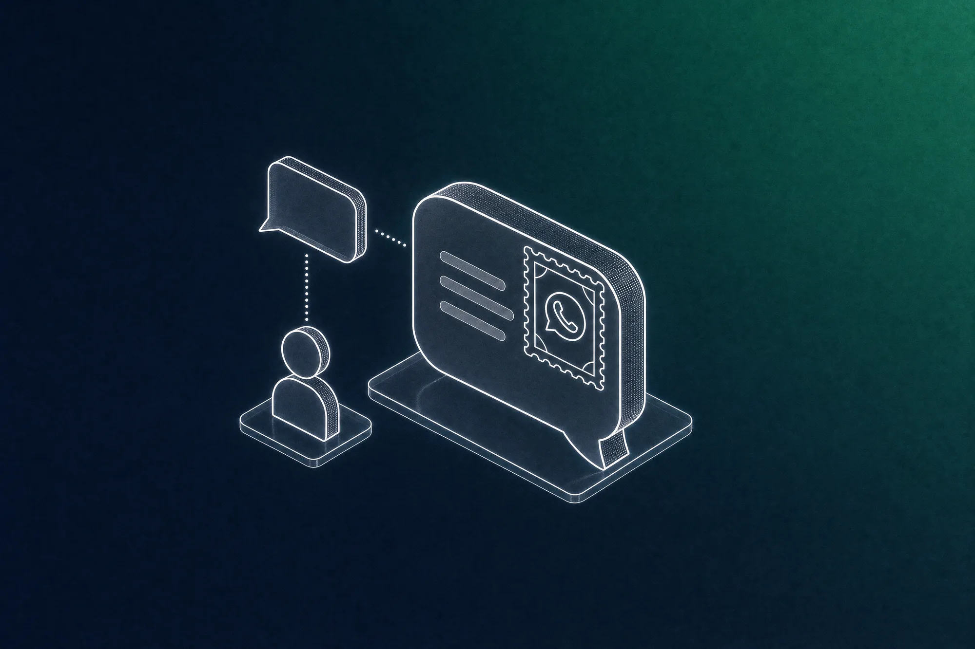 A white line-art reply bubble with a WhatsApp postage stamp on its corner sits beside a smaller, unstamped incoming message from a customer, evoking that businesses now pay for each answer while customers still message for free.