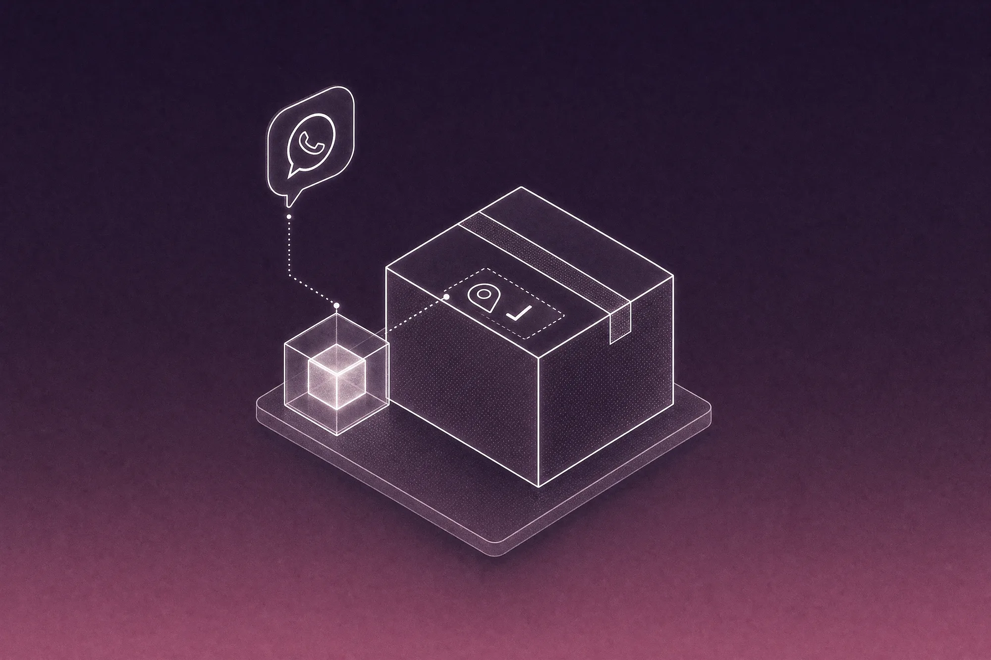 A white line-art parcel box wears a new shipping label over an old one, linked by a dotted path to a glowing AI cube and a WhatsApp chat bubble, evoking an agent that finishes a customer's address change in the real record rather than just sending a reply.