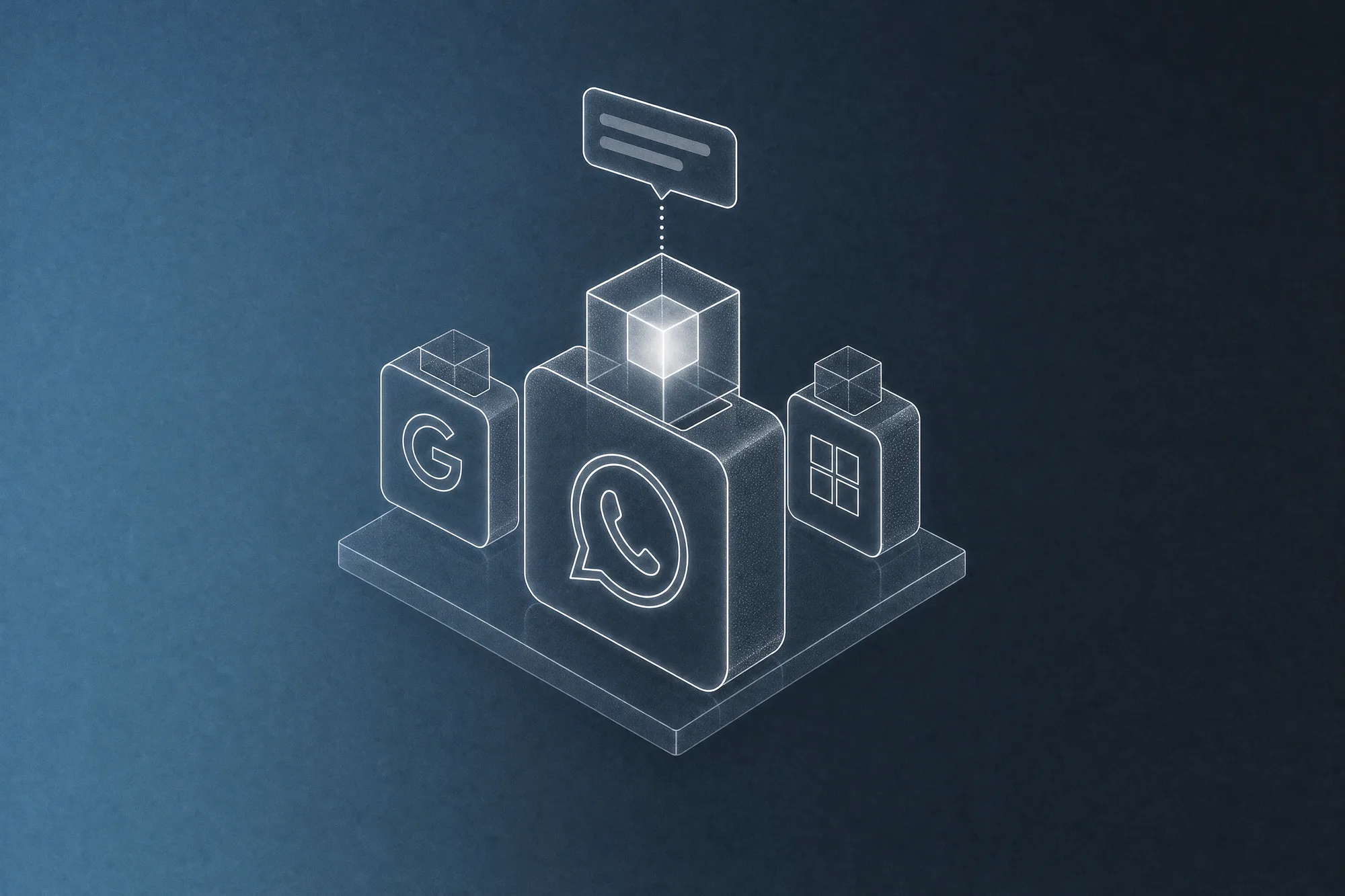 A white line-art app tile engraved with the WhatsApp glyph has a glowing AI cube rising from its top slot and a reply bubble already sent above it, flanked by smaller Google Workspace and Microsoft 365 tiles whose cubes have not lit up yet, evoking AI agents arriving inside subscriptions a business already pays for.
