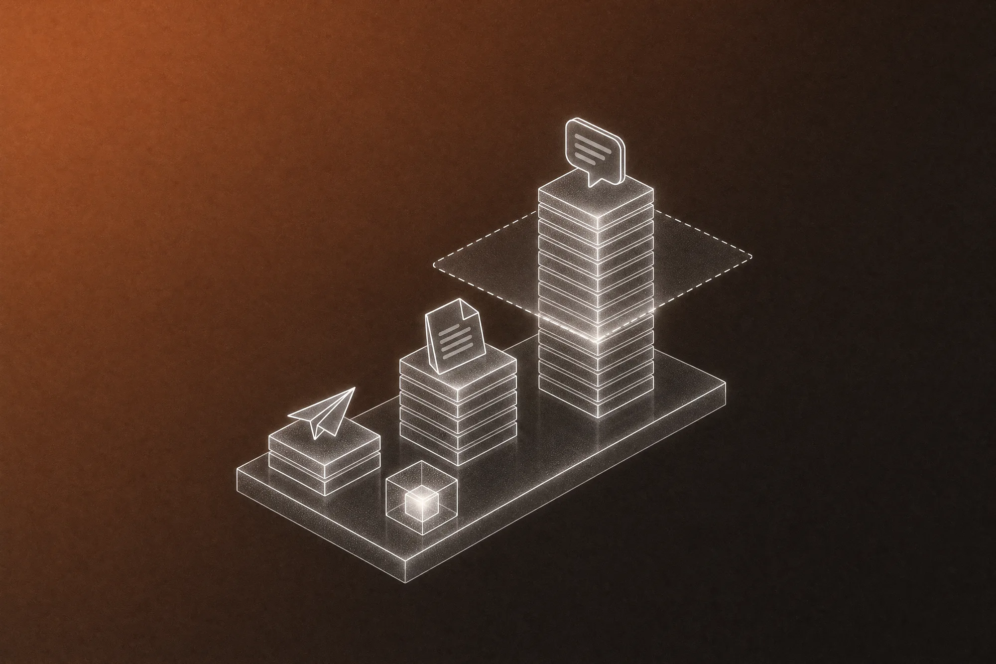 White isometric line art of three tile stacks on one slab, crossed by a dashed glass sheet marking break-even: the tallest stack, topped by a chat bubble, rises through it first, ahead of a stack topped by a document and a short one topped by a paper plane, with a small glowing AI cube at the base, suggesting the customer-service inbox repays an AI agent before admin and sales follow-up.