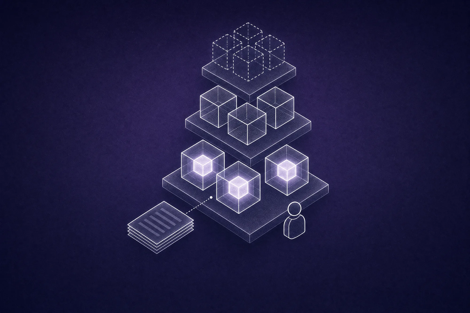 A white line-art stepped platform with three ledges of four small glass cubes each: the lowest four glow, the middle four sit dark and the top four are only dashed outlines, with a stack of documents and a small figure beside the lit tier, suggesting that only the first tier of business AI reliably runs today.