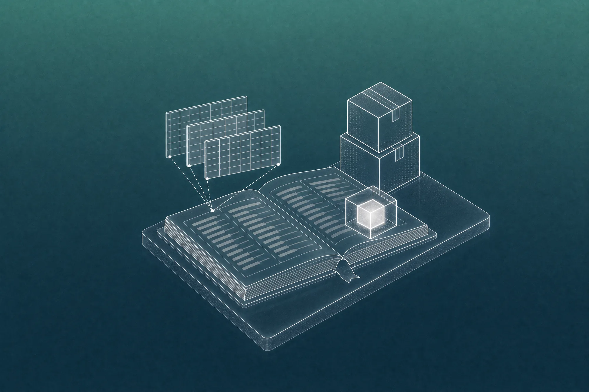 Three translucent spreadsheet sheets settle onto a single open ledger beside two stacked cardboard cartons, with a small glowing AI cube resting on the page, evoking scattered stock sheets retired into one record the system keeps itself.