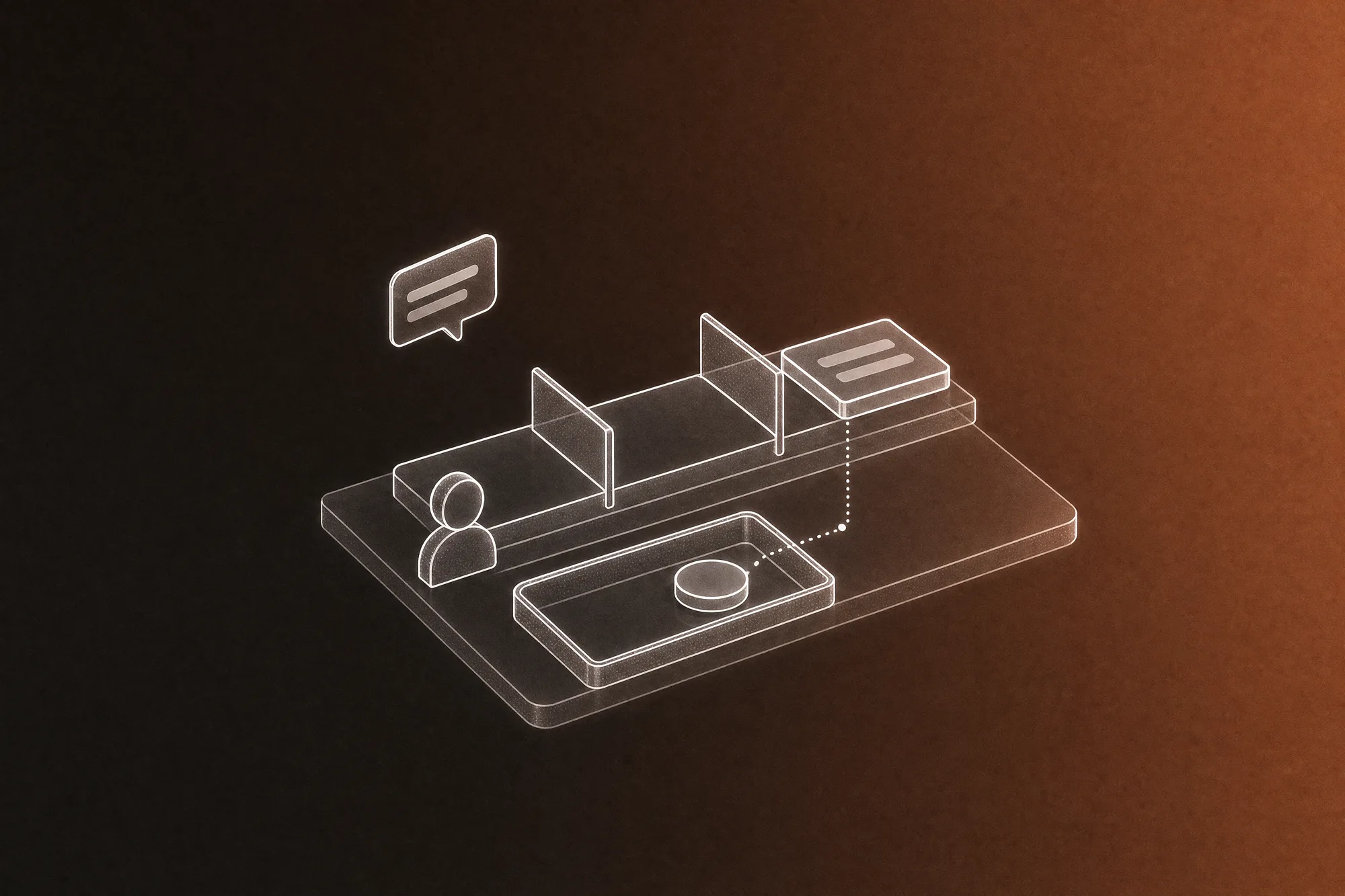 White isometric line art of a deal card that has reached the last station of a three-stage track, with a dotted line dropping a blank commission token into a tray below while a small faceless figure watches.