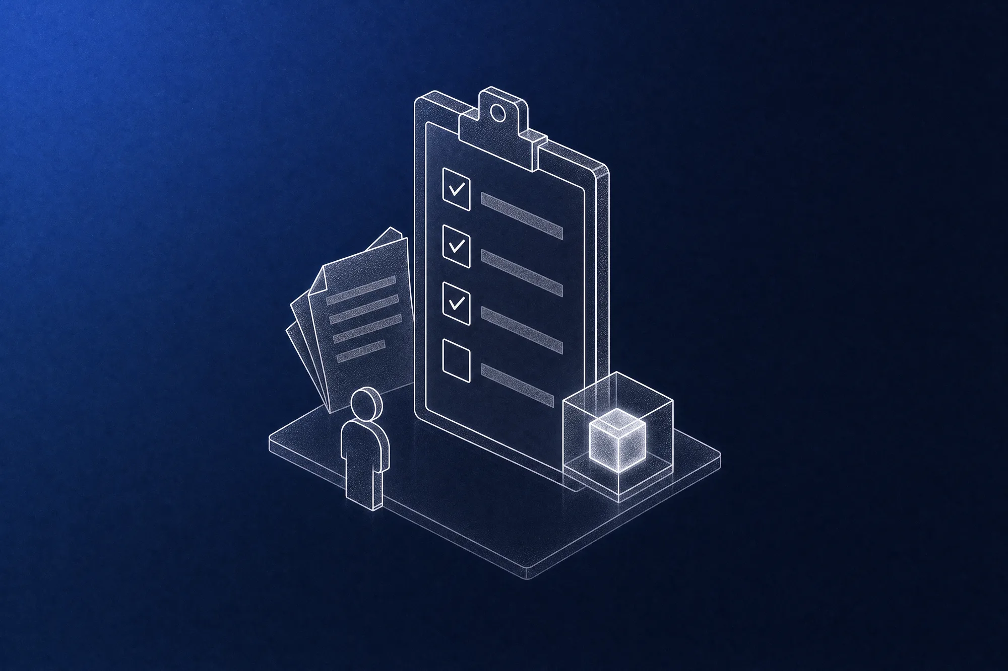 White isometric line-art of a large clipboard with four checkbox rows, three ticked and one still empty, with a glass AI cube waiting at its foot, a loose stack of papers behind it and a small faceless figure as the process owner, on an ink-navy ground with a cobalt glow in one corner.