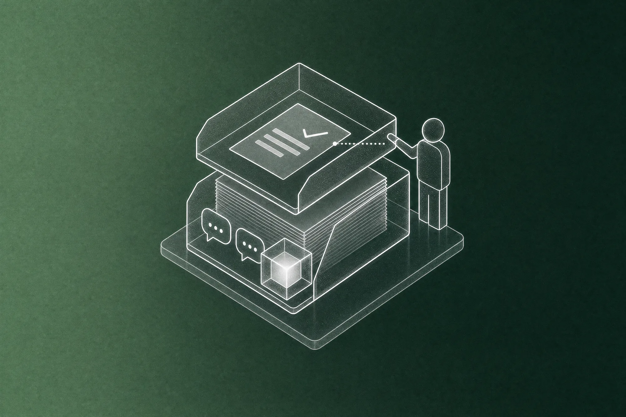 White isometric line-art of a two-tier office letter tray, where a glass AI cube handles a tall stack of sheets and chat bubbles in the lower tray while a small faceless figure beside it approves the single ticked sheet in the upper tray, on a forest-green ground with a sage wash from the left.