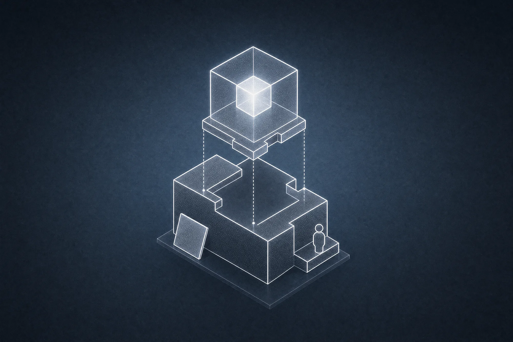 White isometric line-art of a glass AI cube lifted above an uneven stepped block, its underside shaped to lock into every step, with a small person standing on the block and a flat generic plate that cannot fit, suggesting AI built around how a business really works.