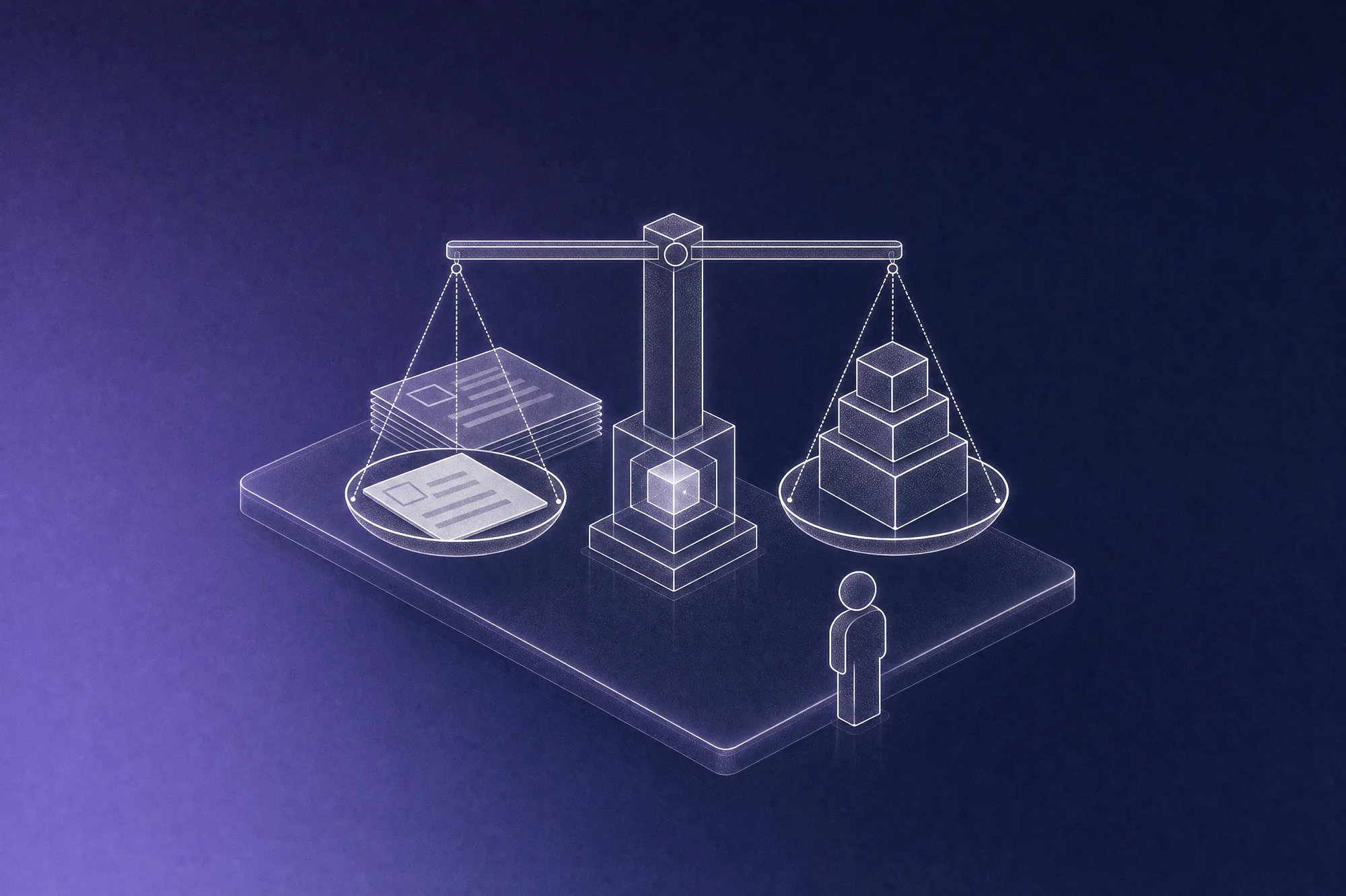 White isometric line-art of a two-pan balance scale weighing a single blank CV against three rubric weight blocks of different sizes, with a glass AI cube set into its base, a stack of CVs waiting behind and a faceless recruiter watching.