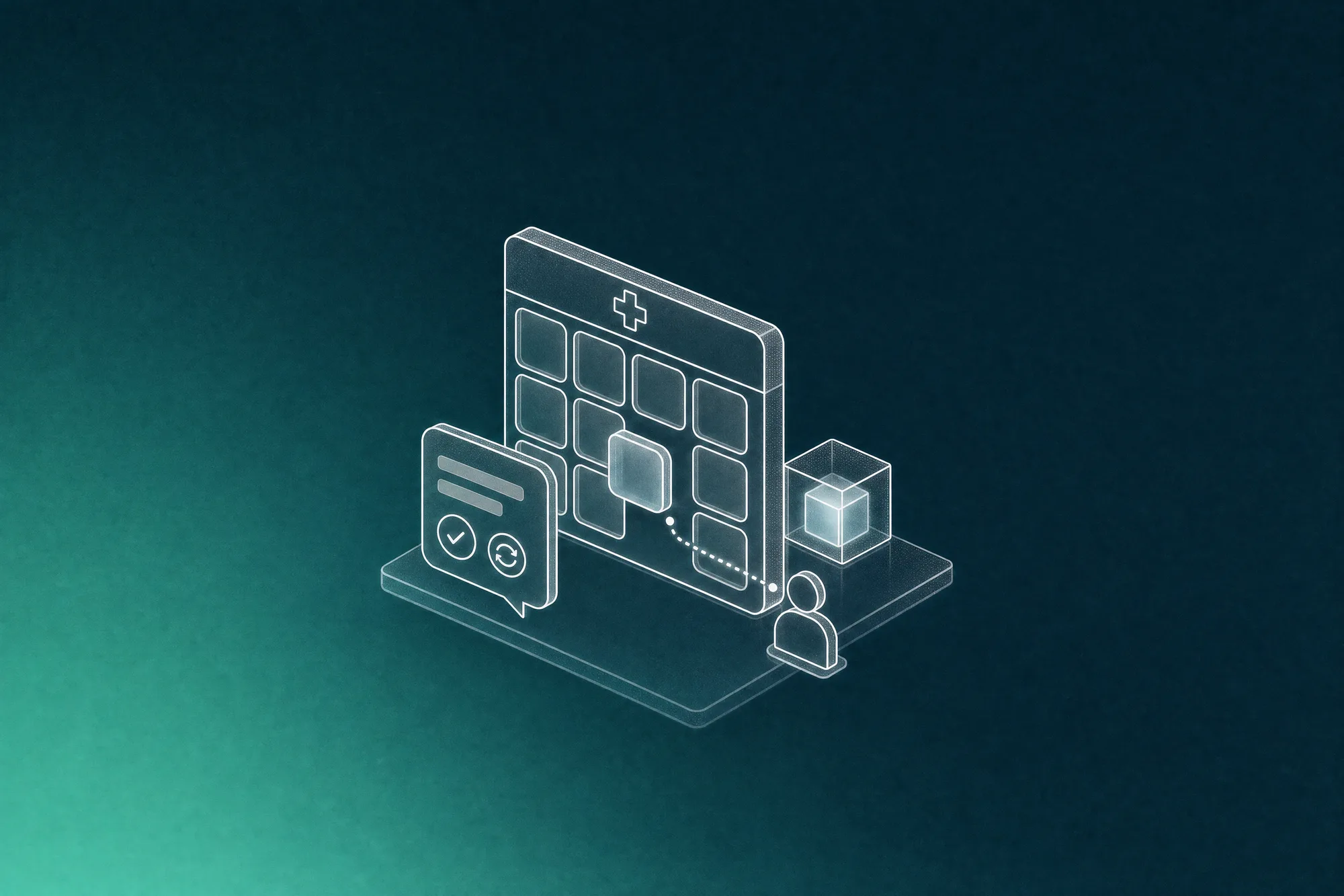 White isometric line art of a clinic appointment board marked with a small cross and a grid of blank slots, one slot lifted out and linked by a dotted line to a small faceless waiting patient, a reminder chat bubble with confirm and reschedule buttons in front, and a glowing glass AI cube at its side, showing a released slot offered straight to the next patient.