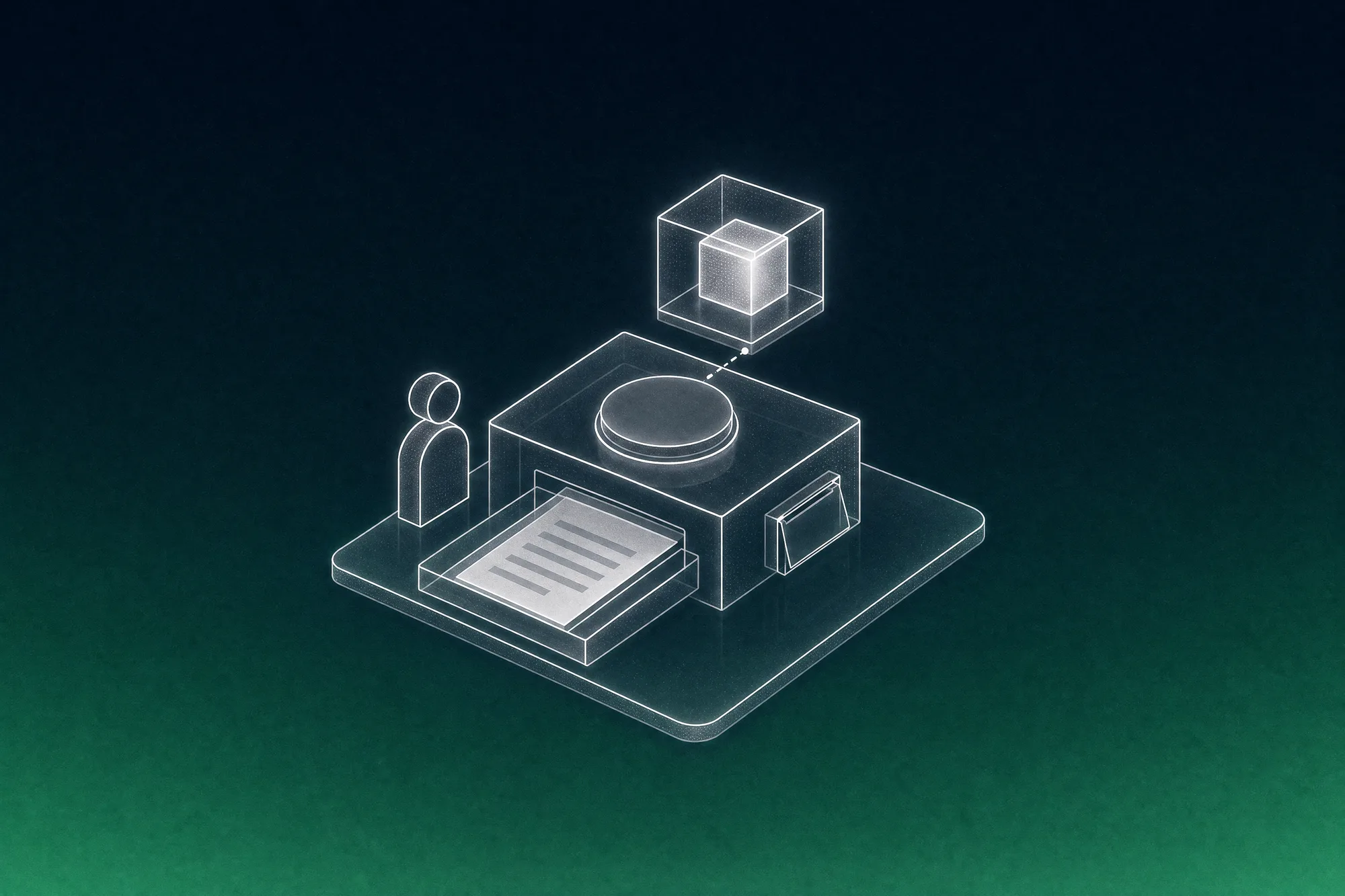 White isometric line art of an approval console with one large unpressed button, a document the AI has already prepared in its front tray, a glass AI cube above it, and a small faceless person standing by the button, ready to decide before the closed outgoing slot on its side can open.