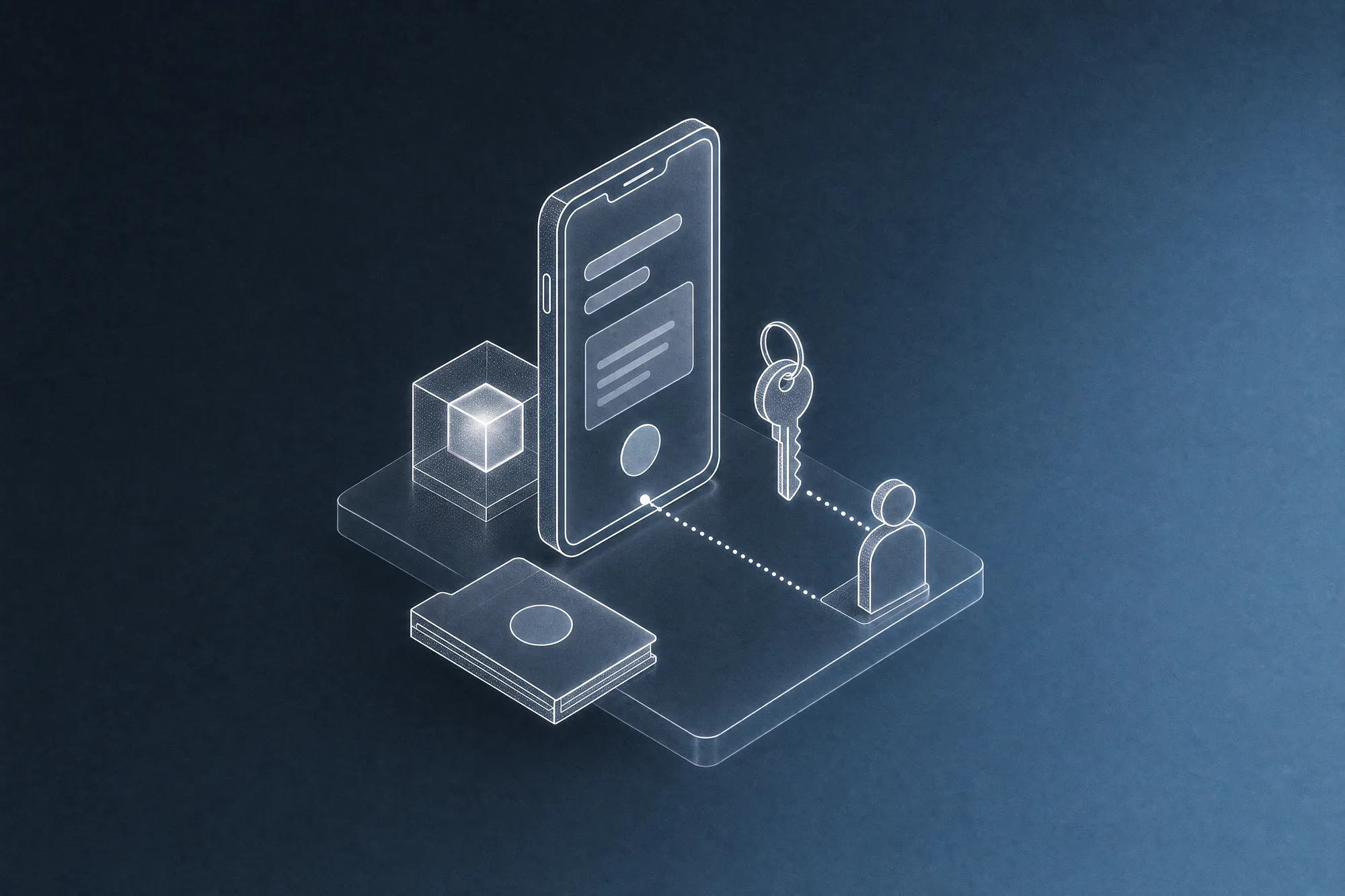 White isometric line art of an upright smartphone app standing on a slab beside a glowing glass AI cube, with a key on a ring handed along a dotted line to a small faceless owner and a closed contract folder with a blank seal in front, showing the code handed over in writing to the business that paid for it.