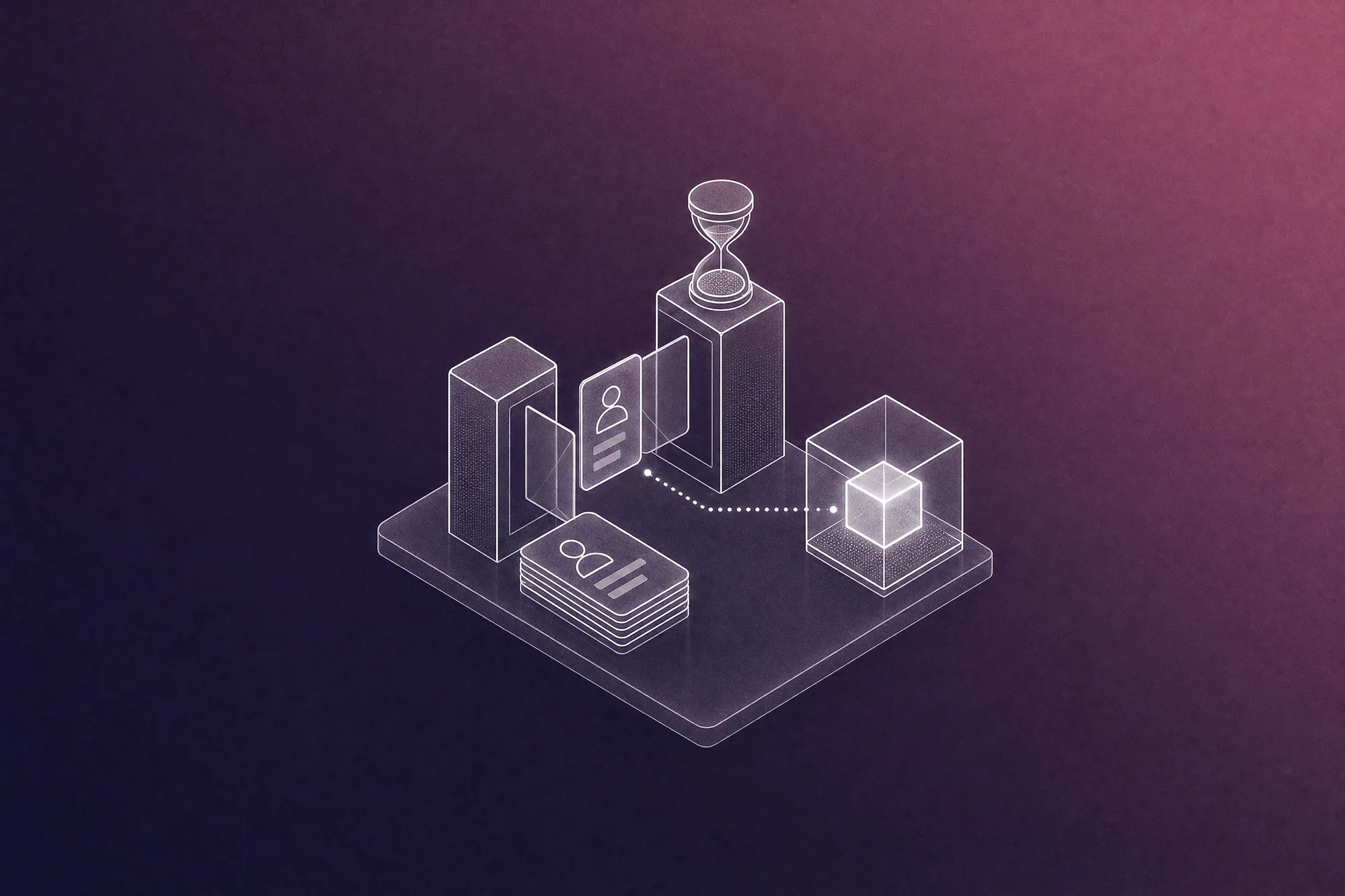 White isometric line-art of an access gate on a translucent slab: a stack of customer record cards marked with a faceless avatar waits at the entrance while one card passes through the open glass flaps toward a glowing glass AI cube, with a small hourglass on top of one gate pillar, on a deep plum ground with a mauve sweep from the upper right.