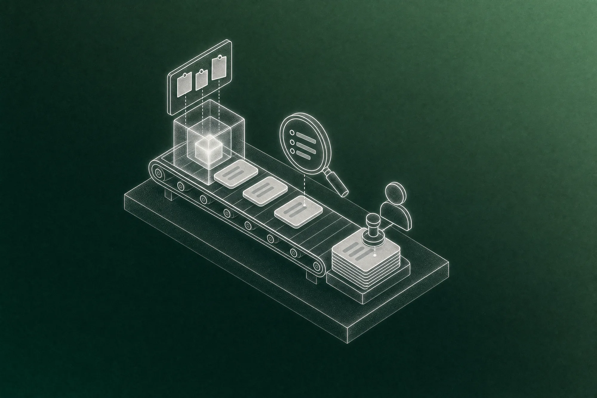 An isometric conveyor belt carrying blank post cards from an AI cube and a pinboard, past a magnifying glass, to a faceless person stamping the finished stack to approve it.