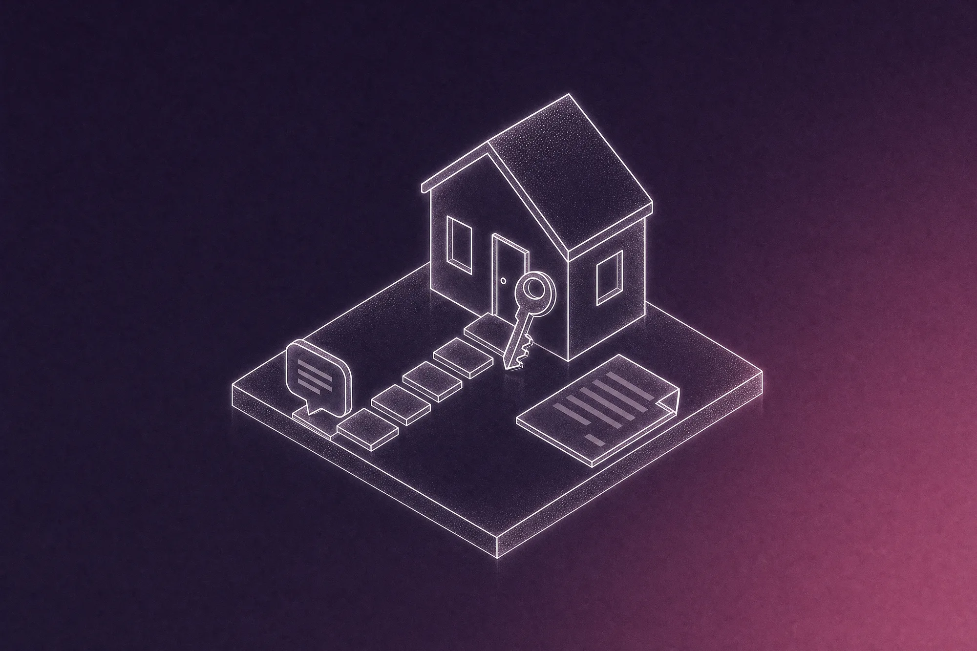 An isometric house on a slab with an oversized key leaning on its door, a stepping-stone path leading from a speech bubble to the doorstep, and a folded document beside it.