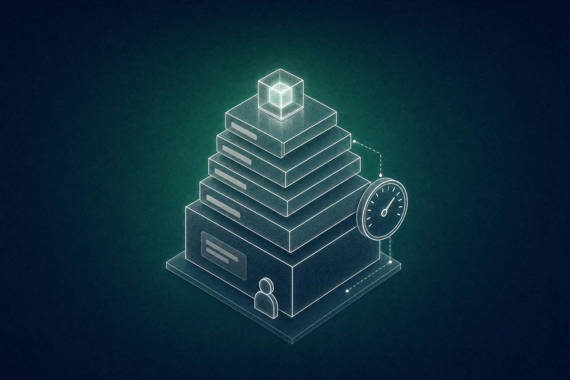 An isometric stack of five cost layers topped by a glowing AI cube, with a usage gauge on its side and a small faceless owner at its base.