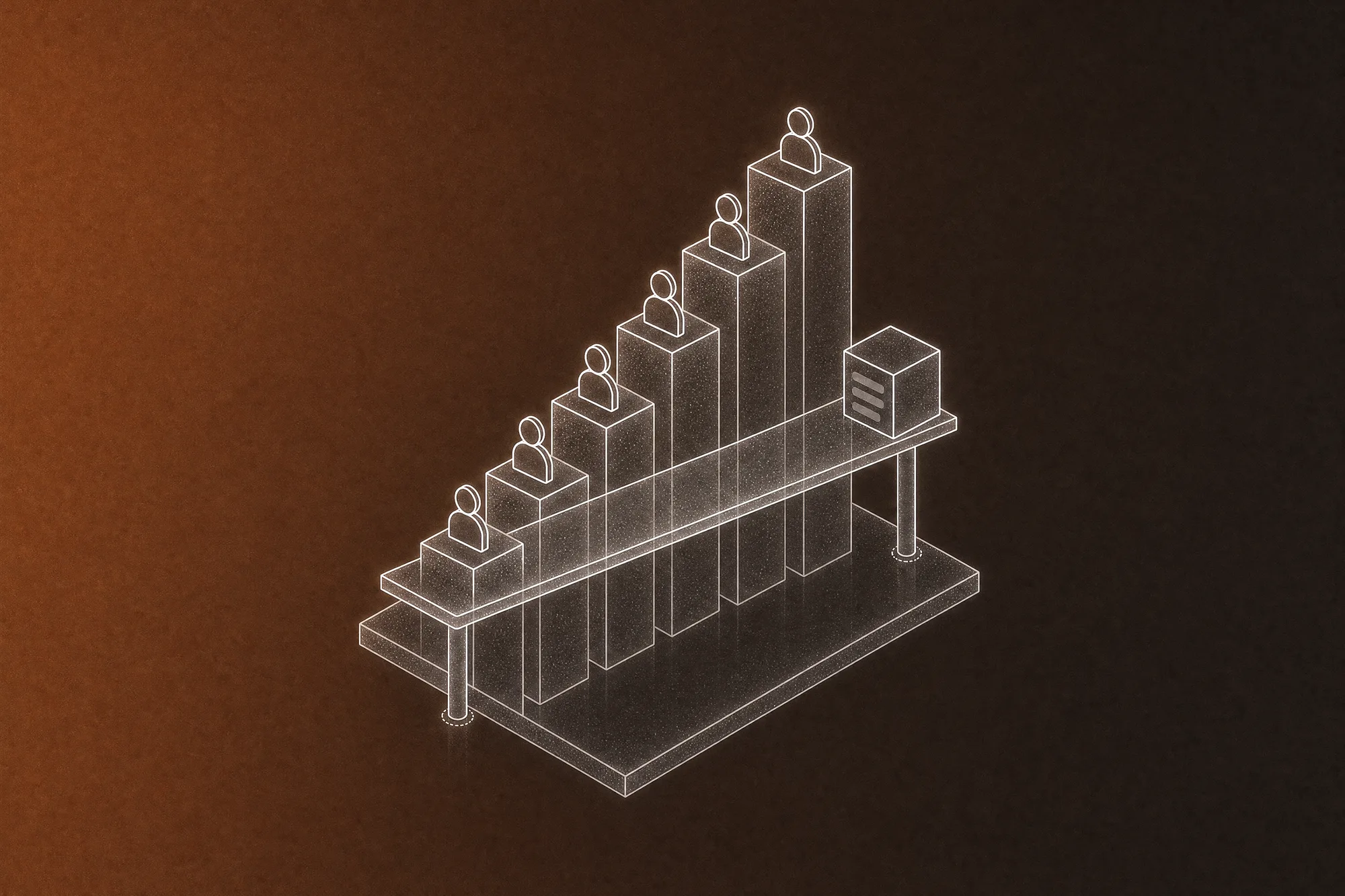 Isometric staircase of blocks, each topped by a small avatar, rising past a flat plank that carries a single cube, showing per-seat subscription cost overtaking a fixed custom-app cost.